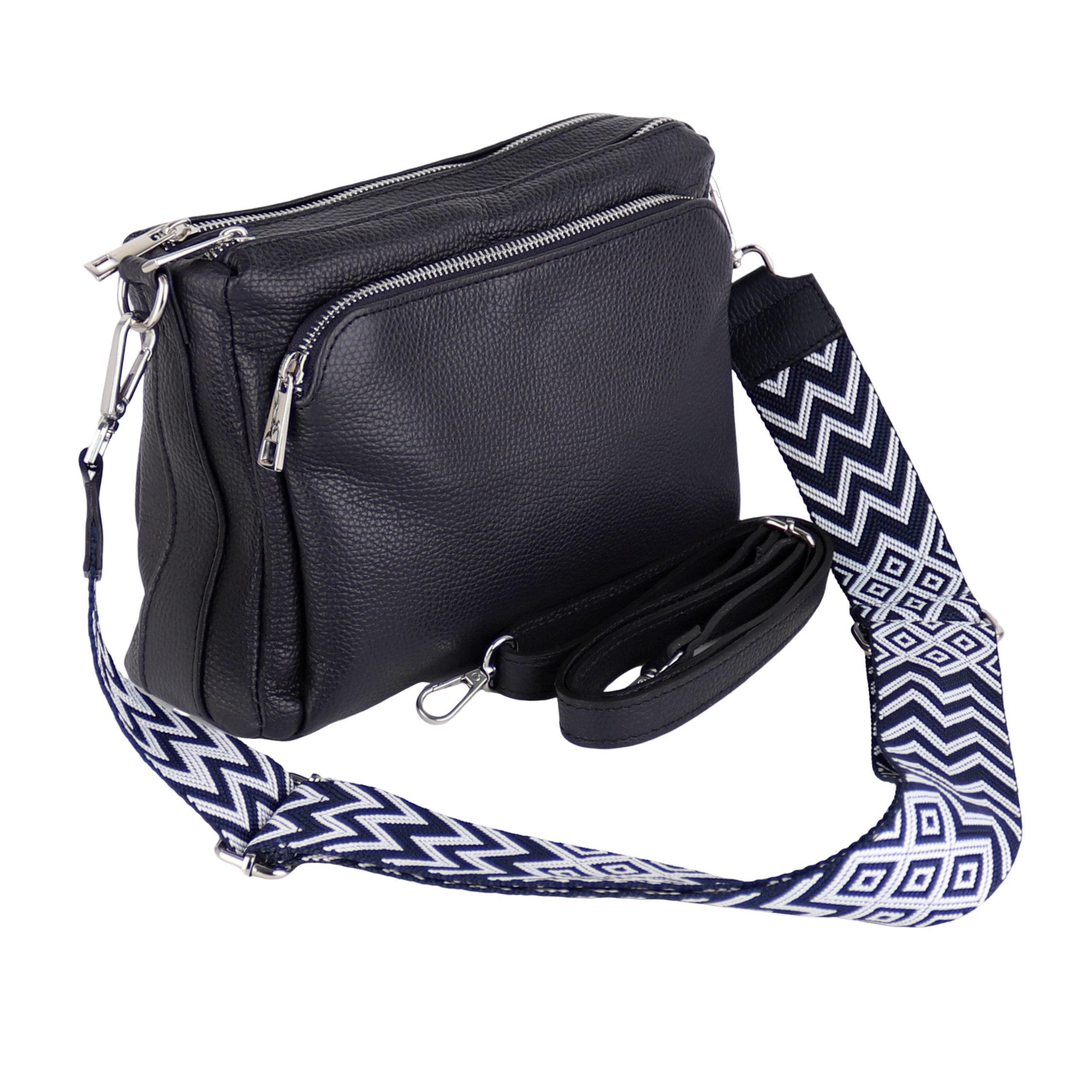 MIRROSI Umhängetasche Damen, Echtleder, Leder, Made in Italy, Mittelgroß, (Schultertasche für jeden Anlass (1 Tasche mit 1 oder 2 Gurte), 27x19x10cm, Drei Hauptfächer mit Reißverschluss), Crossbody Bag, Schwarz, gemusterten& verstellbaren Schulterriemen