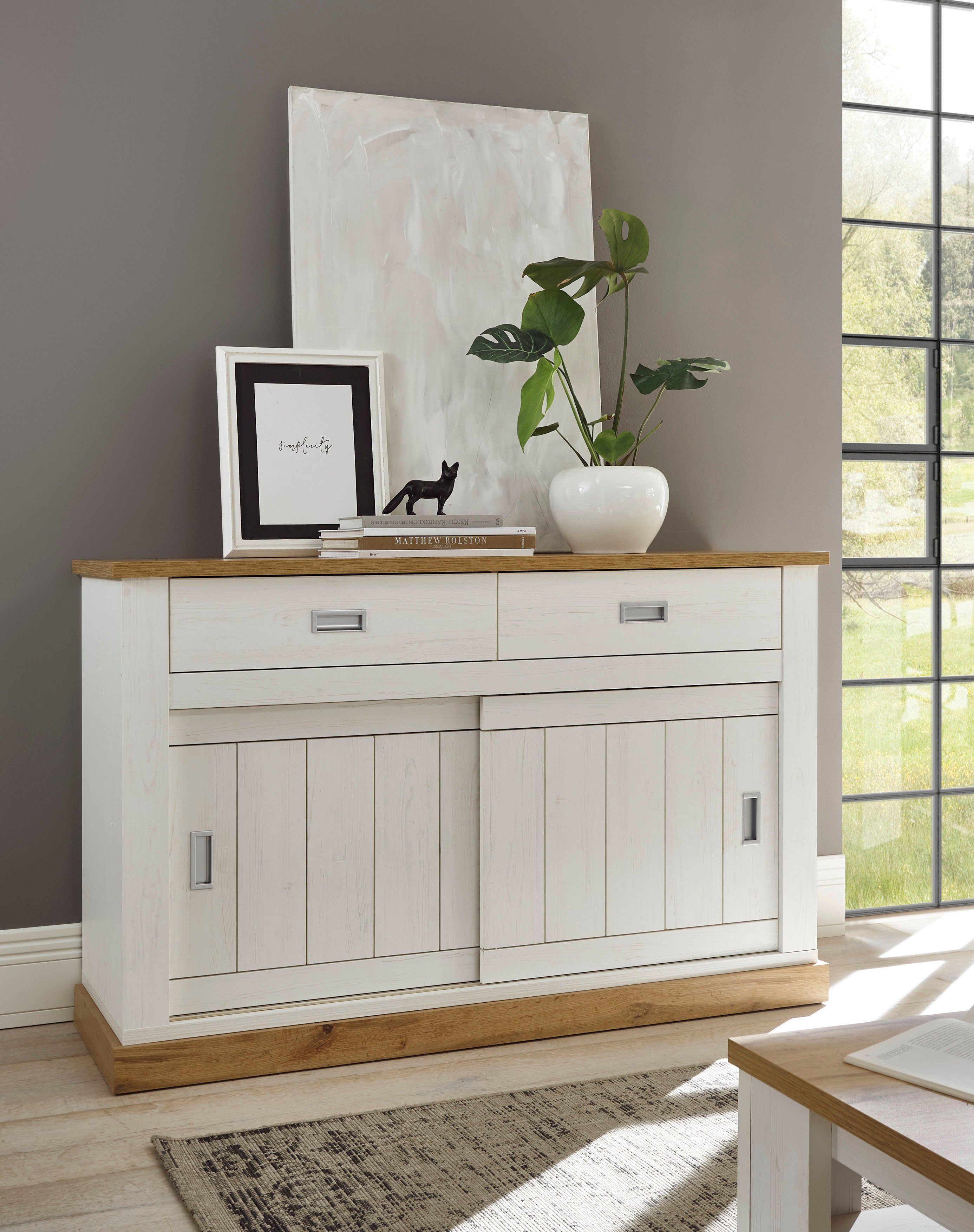 Home affaire Sideboard Orlando, moderner Schrank, Kommode im Landhausstil, 2 Schiebetüren & 3 Schubladen, silberne Griffmulden, 150 cm breit