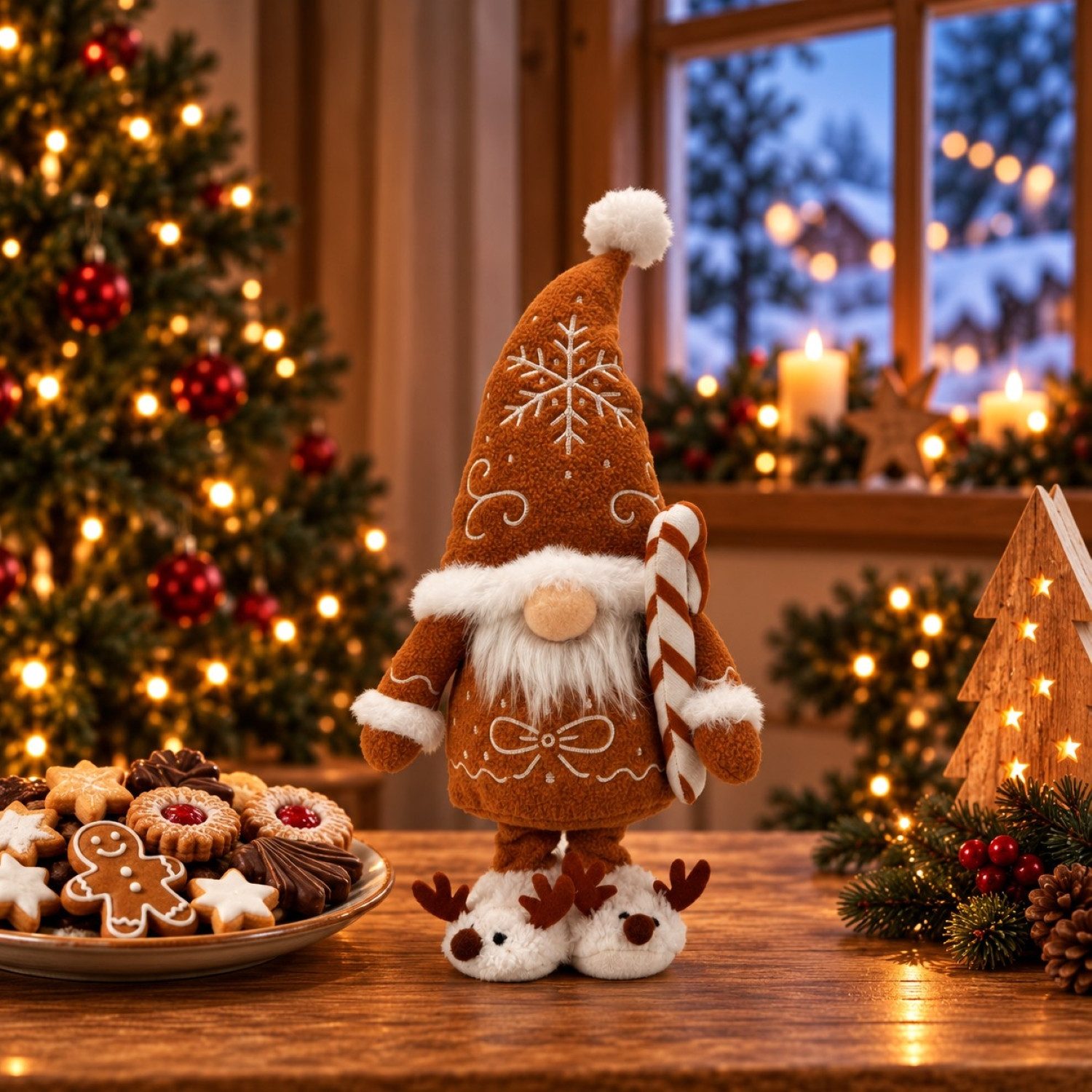 Online-Fuchs Dekofigur Weihnachtswichtel, Zwerg - Lebkuchen Design - Deko Figuren Weihnachten (im liebevollen Lebkuchen-Design, mit Stickereien im Zuckerguss-Look), und super süßen Rentier Hausschuhen