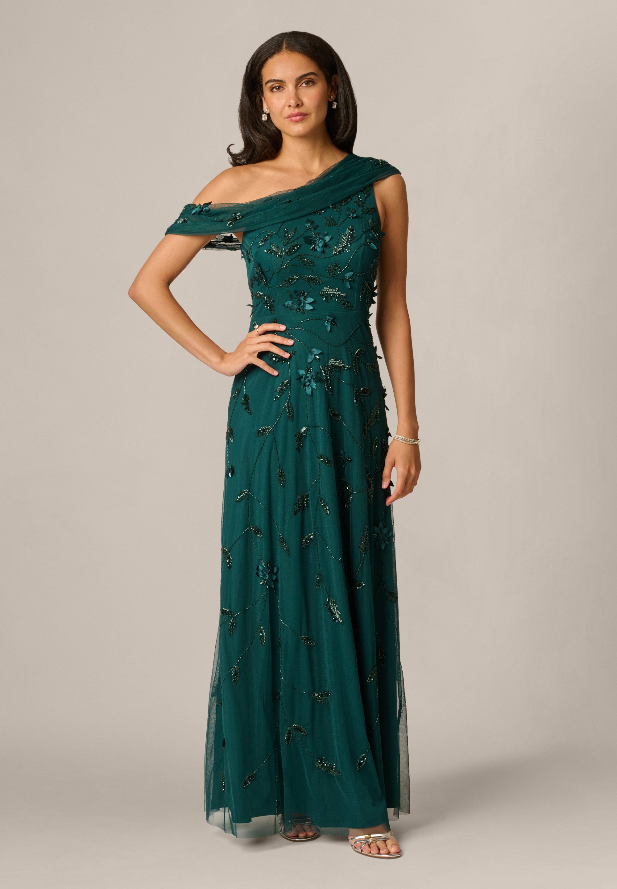 Adrianna Papell Abendkleid Bead Asymmetric Mesh Dress Handgenähtes, funkelnd verziertes Abendkleid