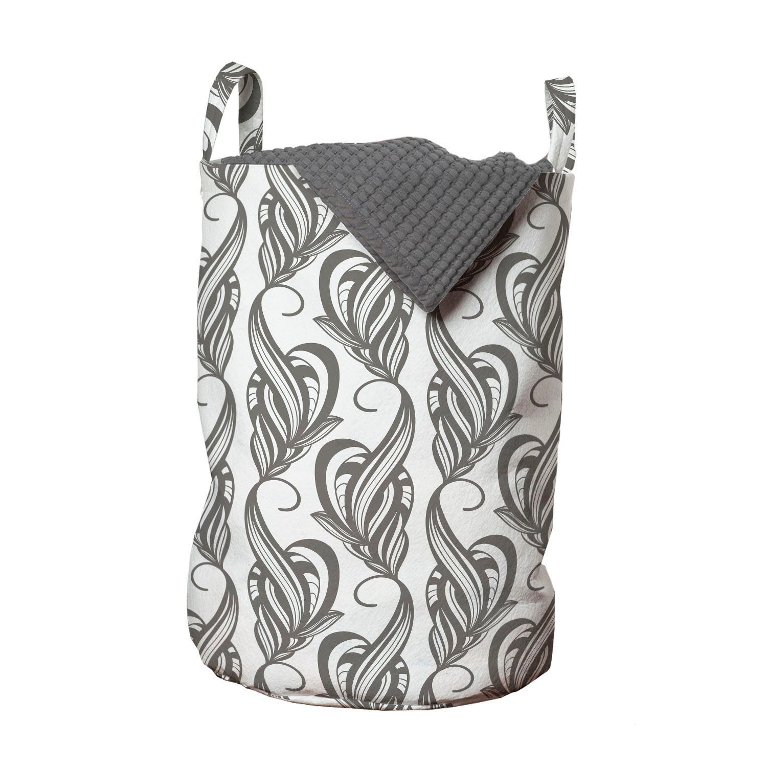 Abakuhaus Wäschesäckchen Wäschekorb mit Griffen Kordelzugverschluss für Waschsalons, Grau und Weiß Blüten und Blätter