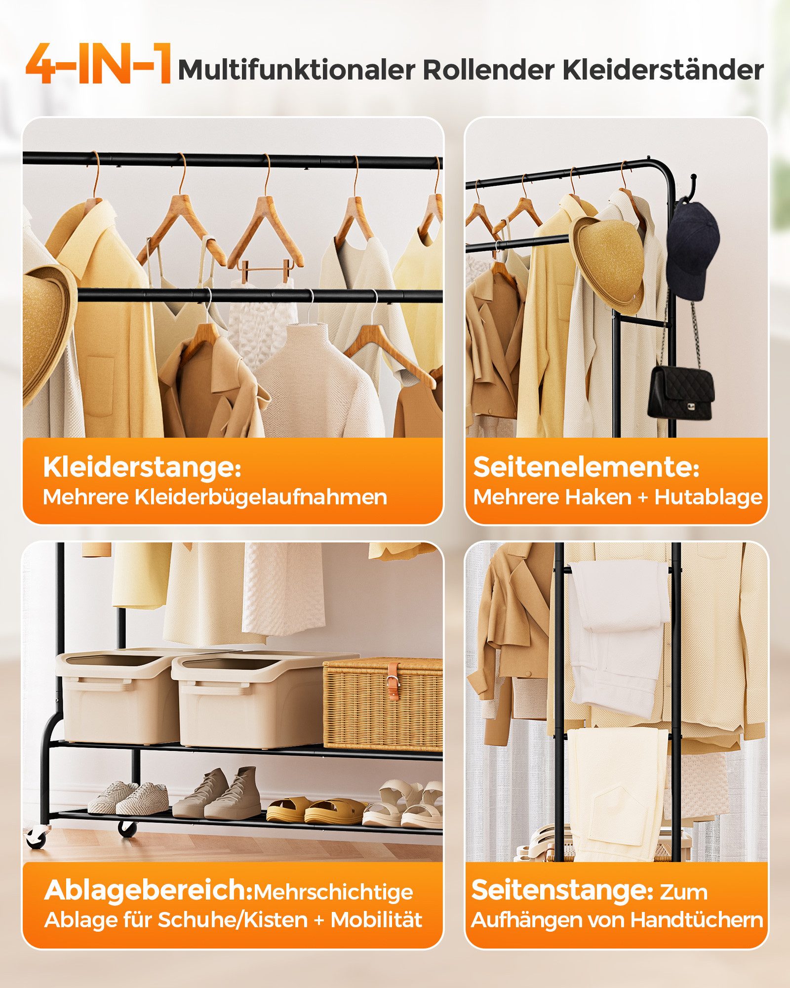 Oak&Tea Kleiderständer Garderobenständer Metallgestell Doppelkleiderstange, mit 2 Ablagen, seitlichen Haken, Rollen, Metallgestell – Bild 4 von 5