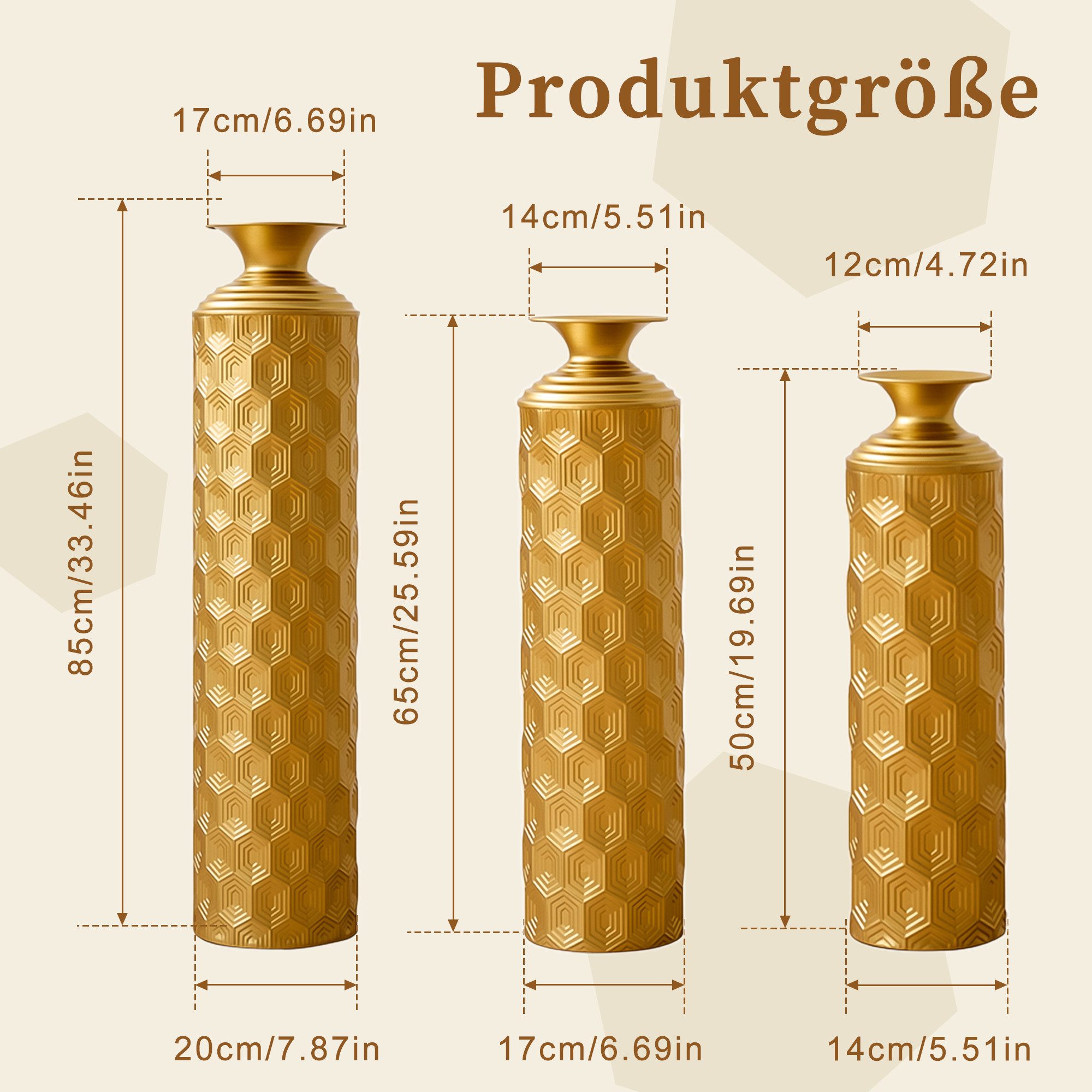 BlingBin Bodenvase Bodenvase Große 3er Set (50/66/83 cm) - Metallvasen mit Rillenmuster (3er Set, 3 St., Groß: 20*20*85CM/Mittel: 17*17*65CM/Klein: 14*14*50CM), Dekorative Vase für Wohnzimmer, Flur und Schlafzimmer, Gold