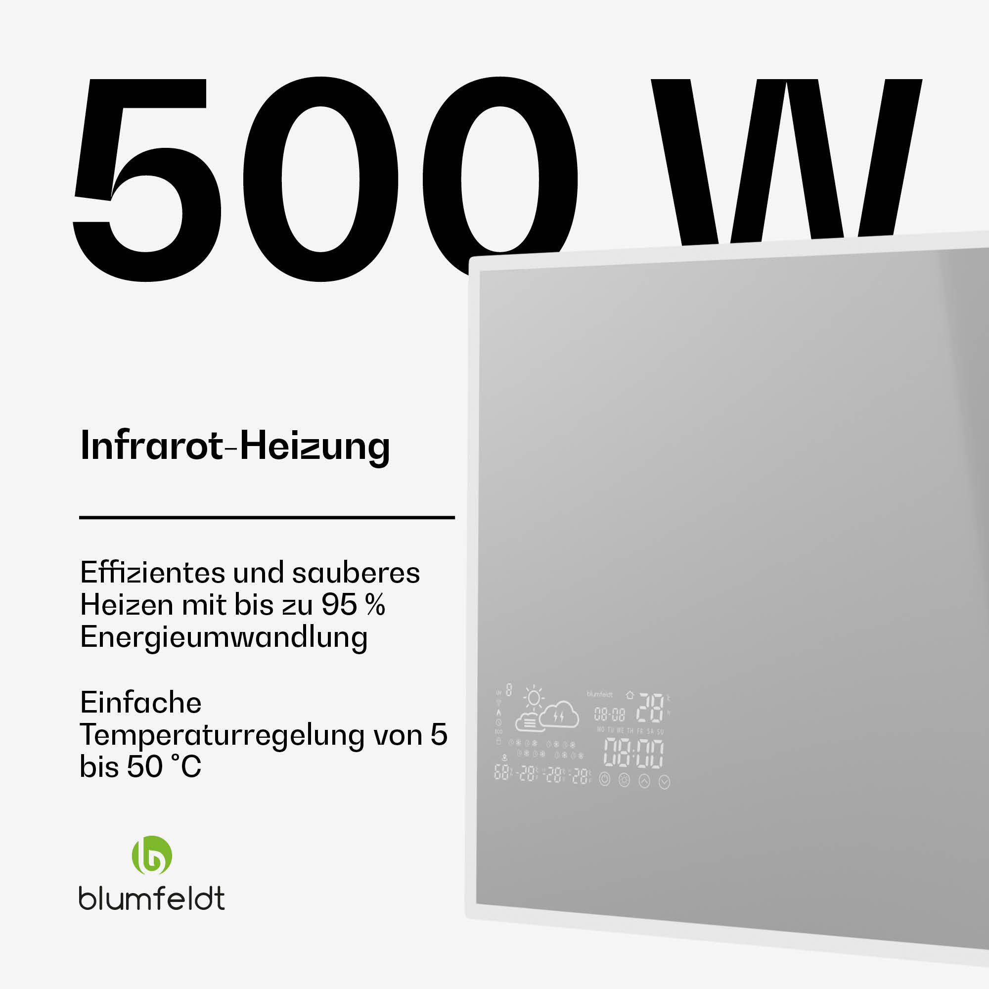 blumfeldt Infrarotheizung ReflectiHeat, elektrische Heizkörper Mirror Timer App LED 500 W