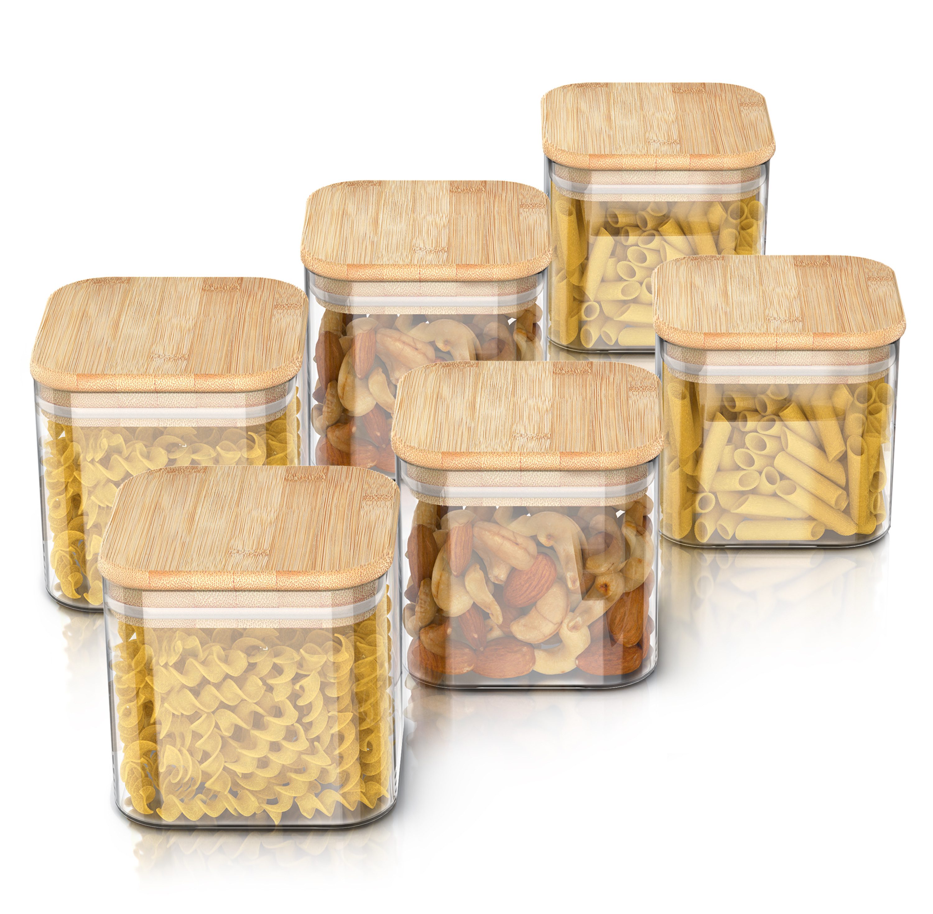 Arendo Aufbewahrungsbecher Glasbehälter-Set 6x 0,8 L Borosilikatglas mit Bambusdeckel, luftdicht, Borosilikatglas, Bambus, Silikon, (Vorratsbehälter-Set, 6-tlg., 6er Set), Hitzebeständig, umweltfreundlich, langlebig, mikrowellengeeignet