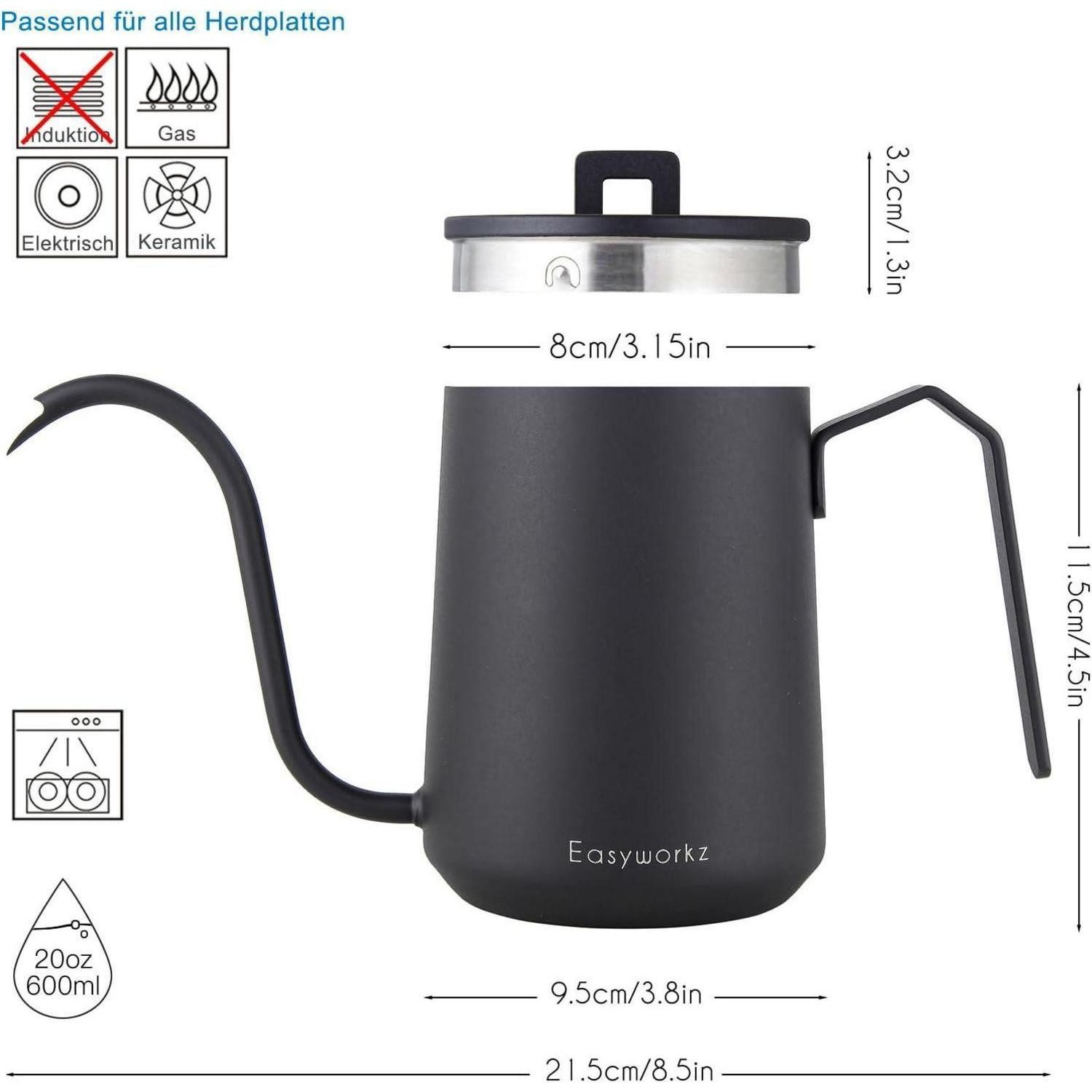 LuxusKollektion Kaffeekanne Kaffeekanne Schwanenhals Edelstahl 600ml Handtropfen Mattschwarz
