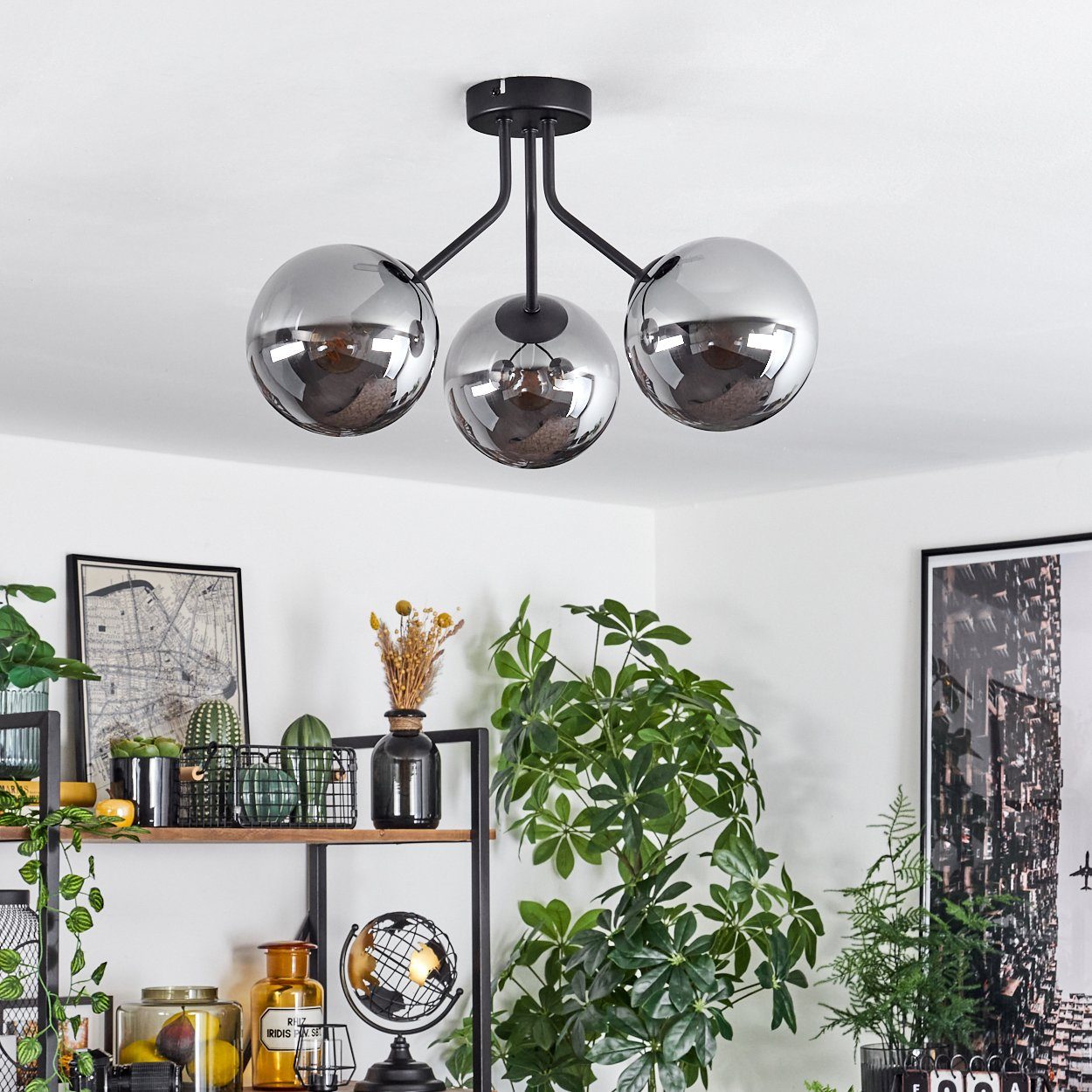 hofstein Deckenleuchte moderne Deckenlampe aus Metall/Glas in Schwarz/Rauchfarben, ohne Leuchtmittel, im Retro/Vintage-Design, Glasschrime Ø15cm, 3x E14, ohne Leuchtmittel