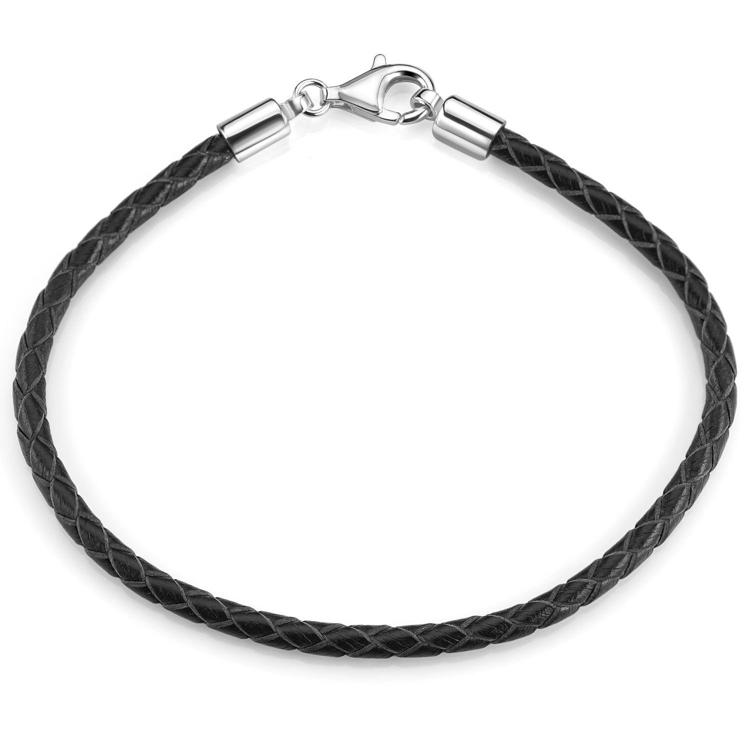 Unisex geflochten Lederarmband 925 Silber Schwarz Echtleder, Sterling Materia A58, 17-22cm Herren Damen