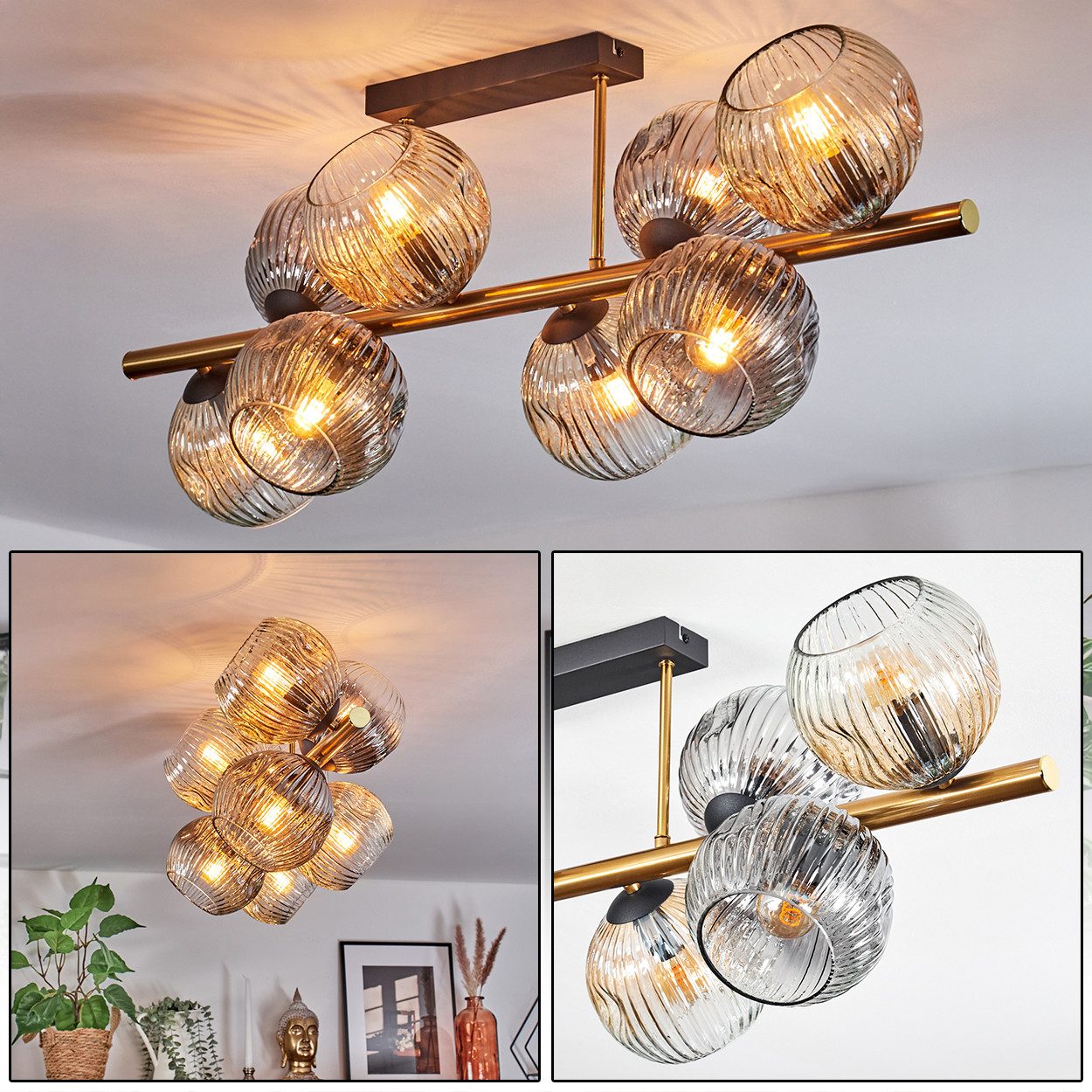 hofstein Deckenleuchte Deckenlampe aus Metall/Riffelglas in Schwarz/Gold/Bernstein/Rauch/Klar, ohne Leuchtmittel, Deckenleuchte im Retro/Vintage-Design (Schirme Ø 15 cm), 8 x E14