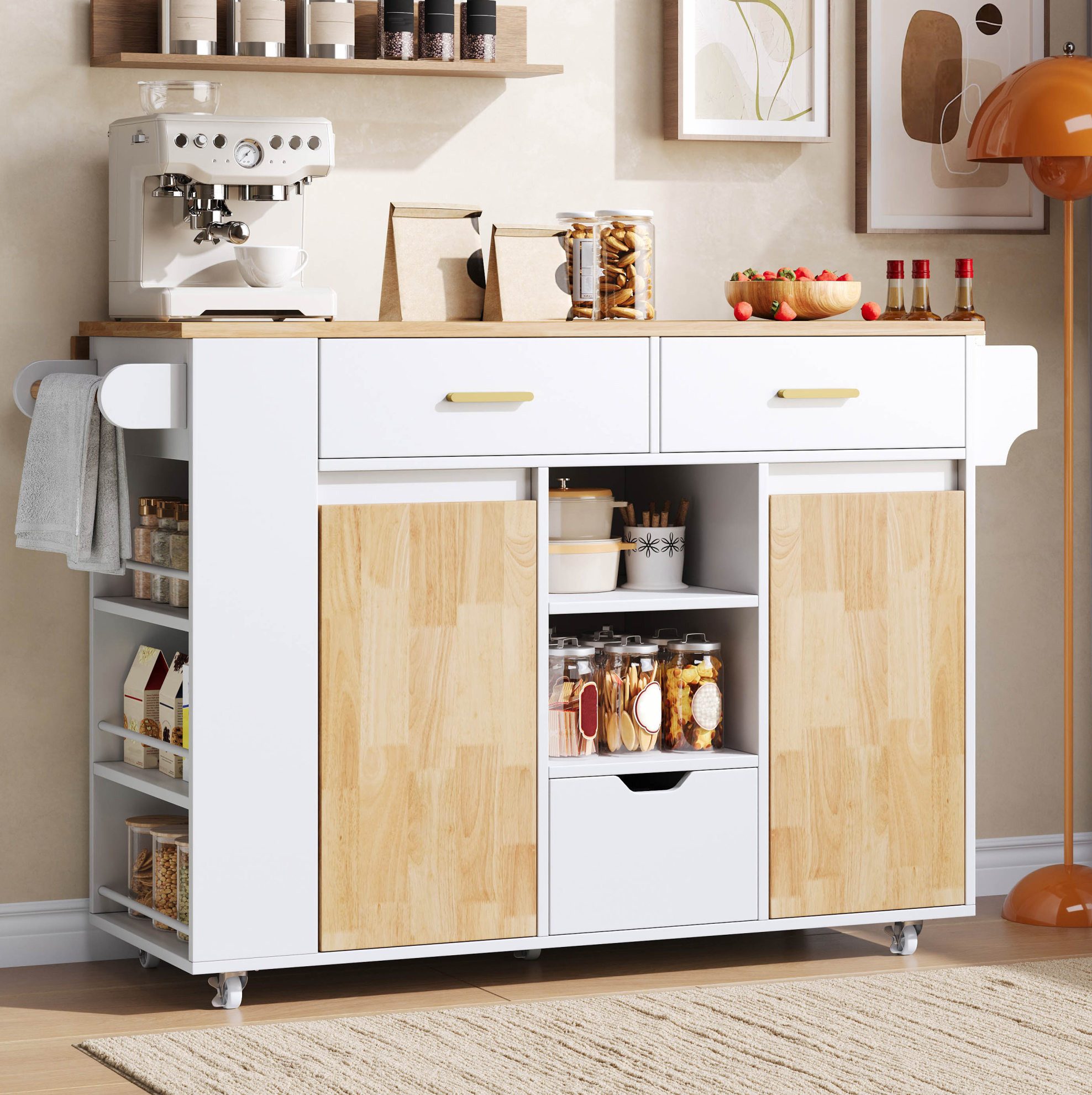 MODFU Kücheninsel Küchenarbeitswagen mit Rollen und Klapptisch 120×45(71)×90 cm, (Mobile Küchenkommode für Gewürze Zubehör und Haushaltsbedarf), Aufbewahrungsschrank mit 3 Ebenen Regal und großen Schubladen