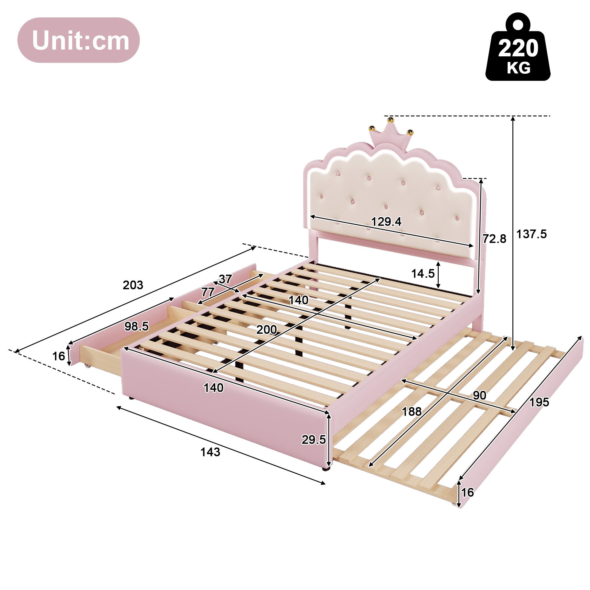 Ulife Polsterbett Jugendbett Kinderbett, Kronprinzessinnen-Design, 2 Schubl günstig online kaufen