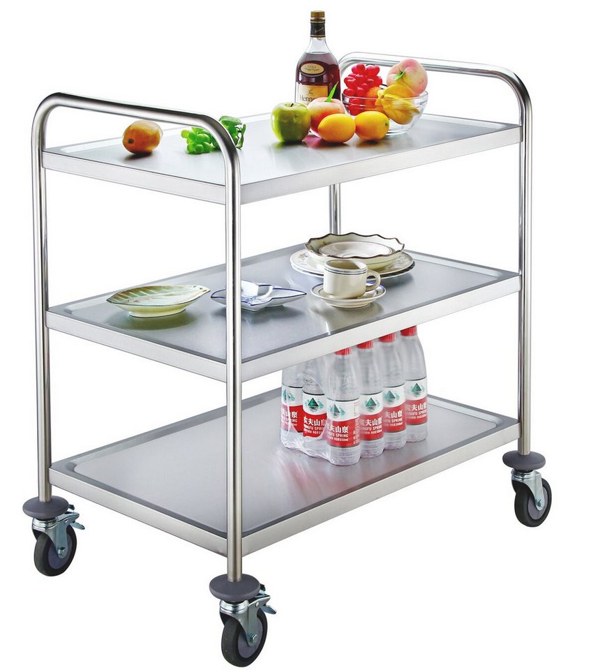 GastroHero Tischwagen Servierwagen Edelstahl 3 Etagen 71x41 cm Transportwagen Small, AISI 201 Edelstahl, zwei Feststellbremsen