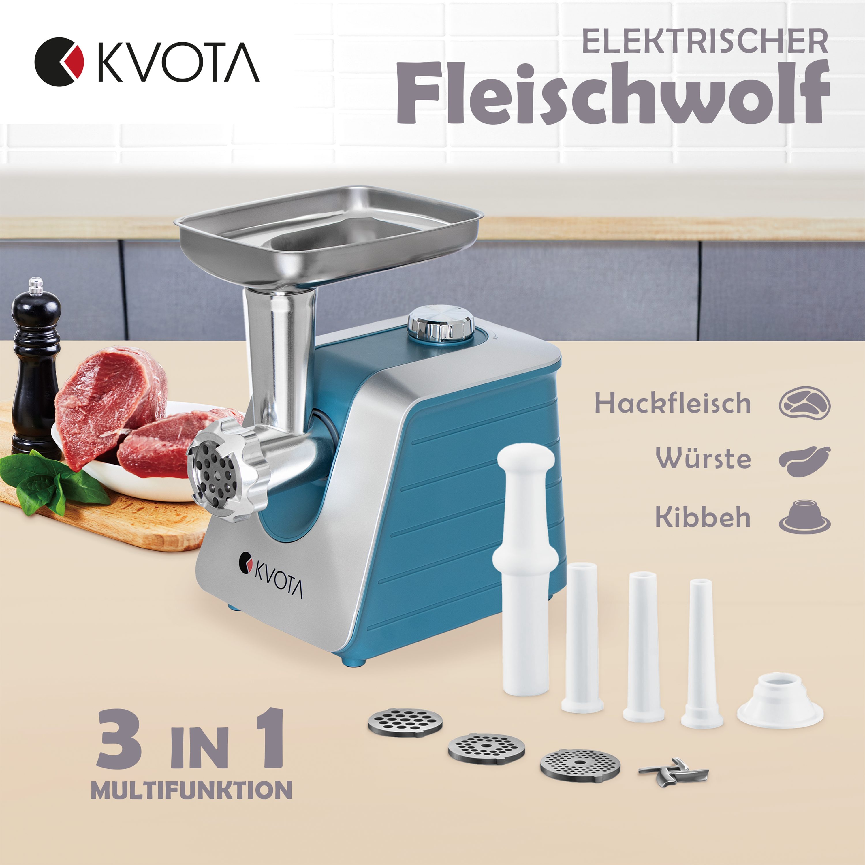 KVOTA Fleischwolf elektrisch 1500 W max, 3 Lochscheiben,Wurst‑Aufsätze & Kibbeh-Aufsatz, 1500 W, 3 Lochscheiben (3/5/7 mm), Wurst‑Aufsätze (13,5/19,5/22 mm) & Kibbeh