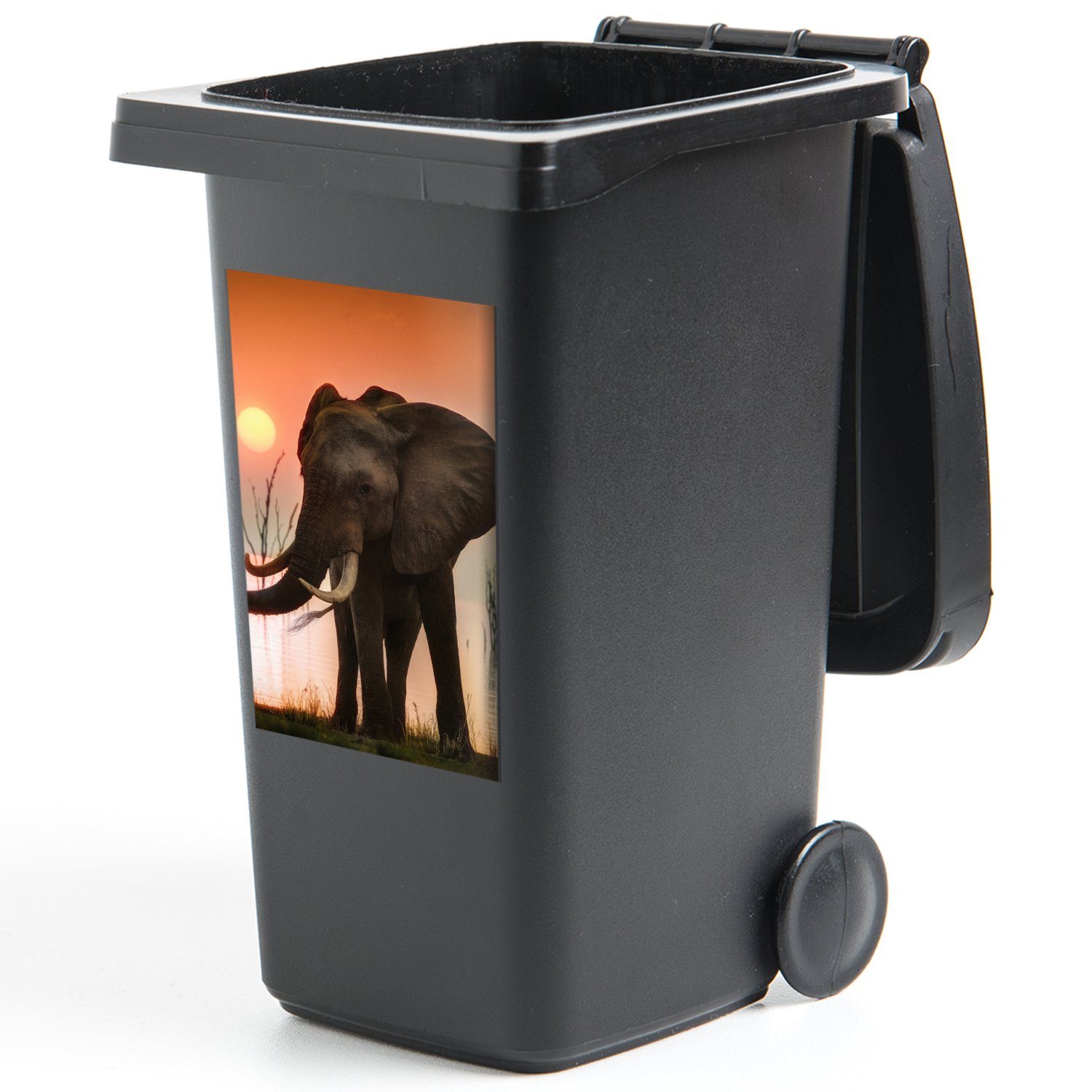 MuchoWow Tiere Sonnenuntergang Wasser Container, Sticker, - Wandsticker (1 Mülleimer-aufkleber, Elefant - Mülltonne, - St), Abfalbehälter