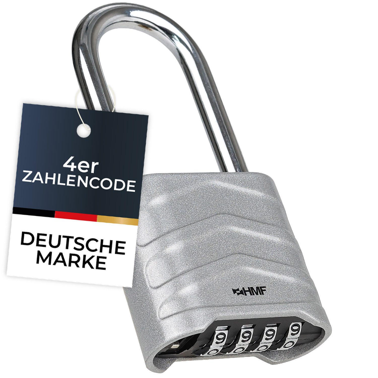 HMF Vorhängeschloss Zahlenschloss Vorhängeschloss mit hohem Bügel, robustes Schloss mit, 4-stelligem Zahlencode Aluminiumlegierung, 5,6 x 2,6 x 11,7 cm, Silber