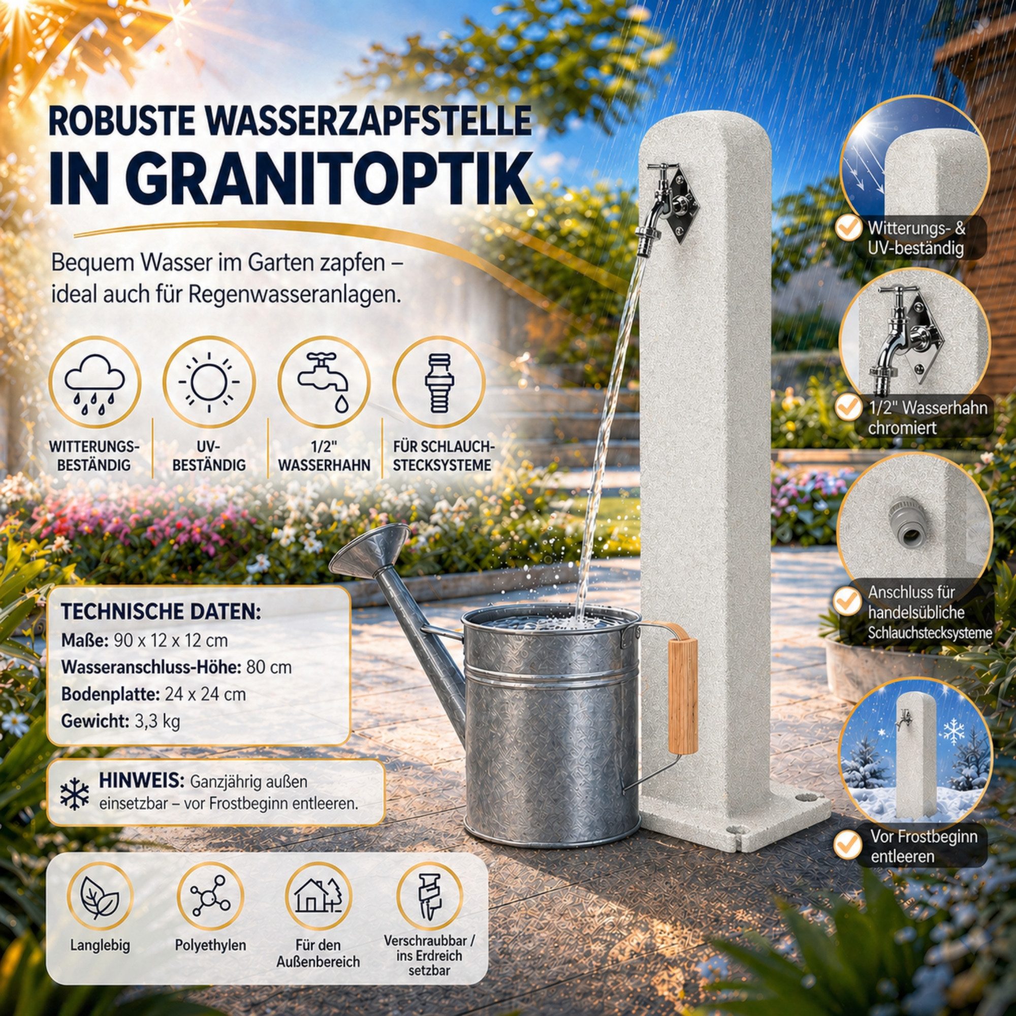 YourCasa Gartenbrunnen Stoneflow Wassersäule Poller Granit-Optik, 90 cm