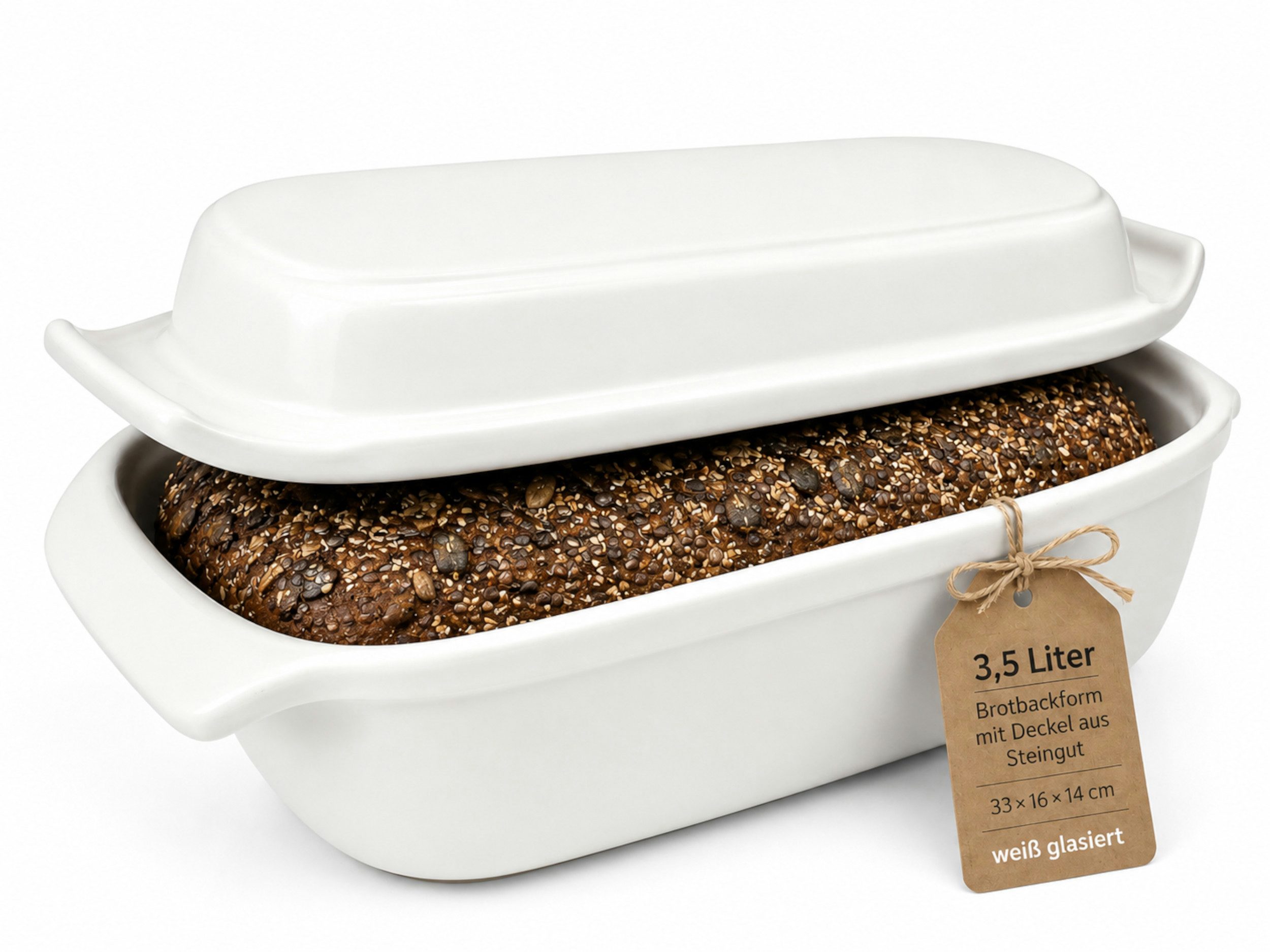 KERAZO Brotbackform 3,5L Keramik Bräter mit Deckel Brottopf Auflaufform 33x16x14cm, weiß, Für knuspriges Brot und saftige Ofengerichte