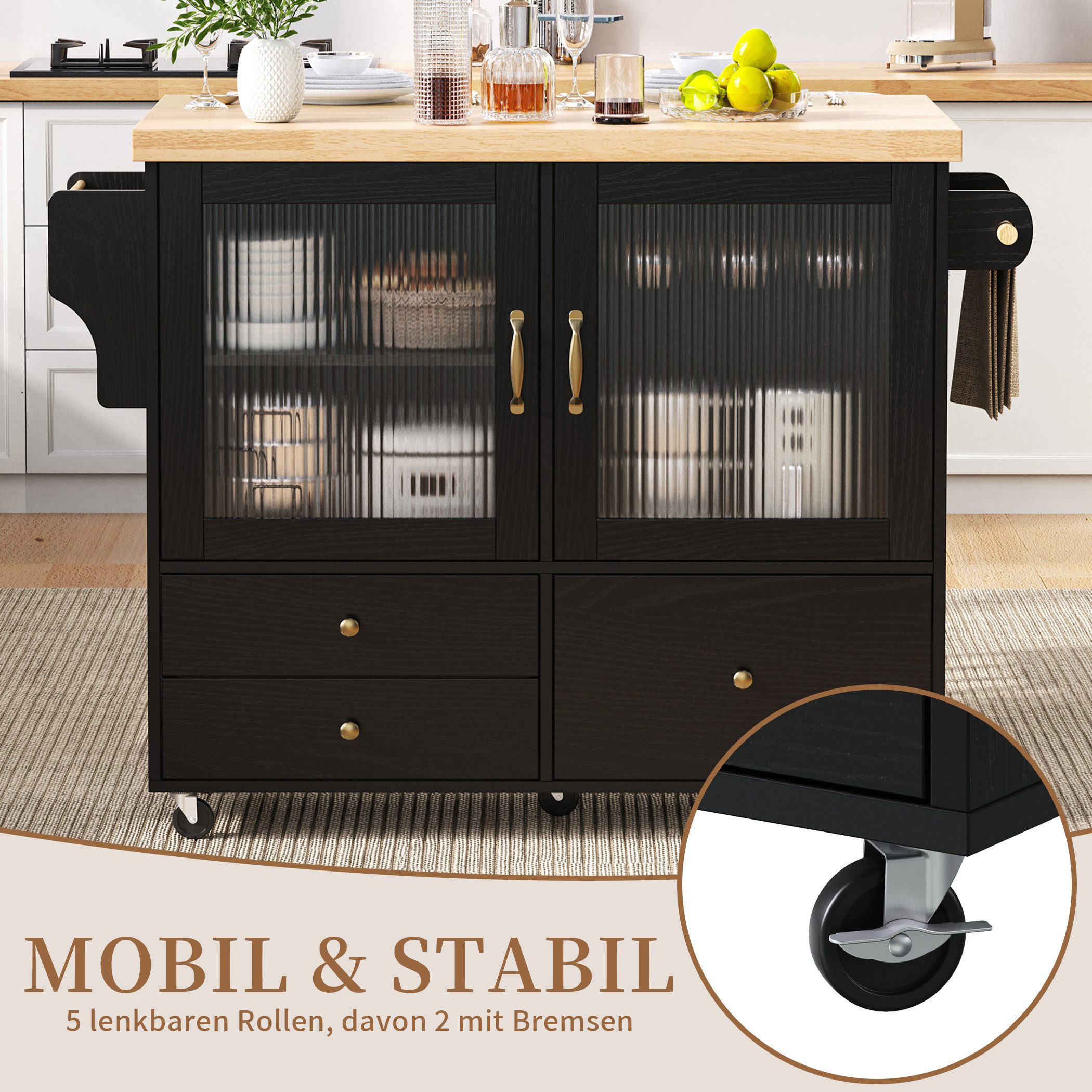SeedWave Kücheninsel Vielseitiger Rollenwagen mit Klappbarer Tischplatte, 2 Mattglastüren, Servierwagen inkl. Weinglashalter, 3 Schubladen, verstellbare Fächer