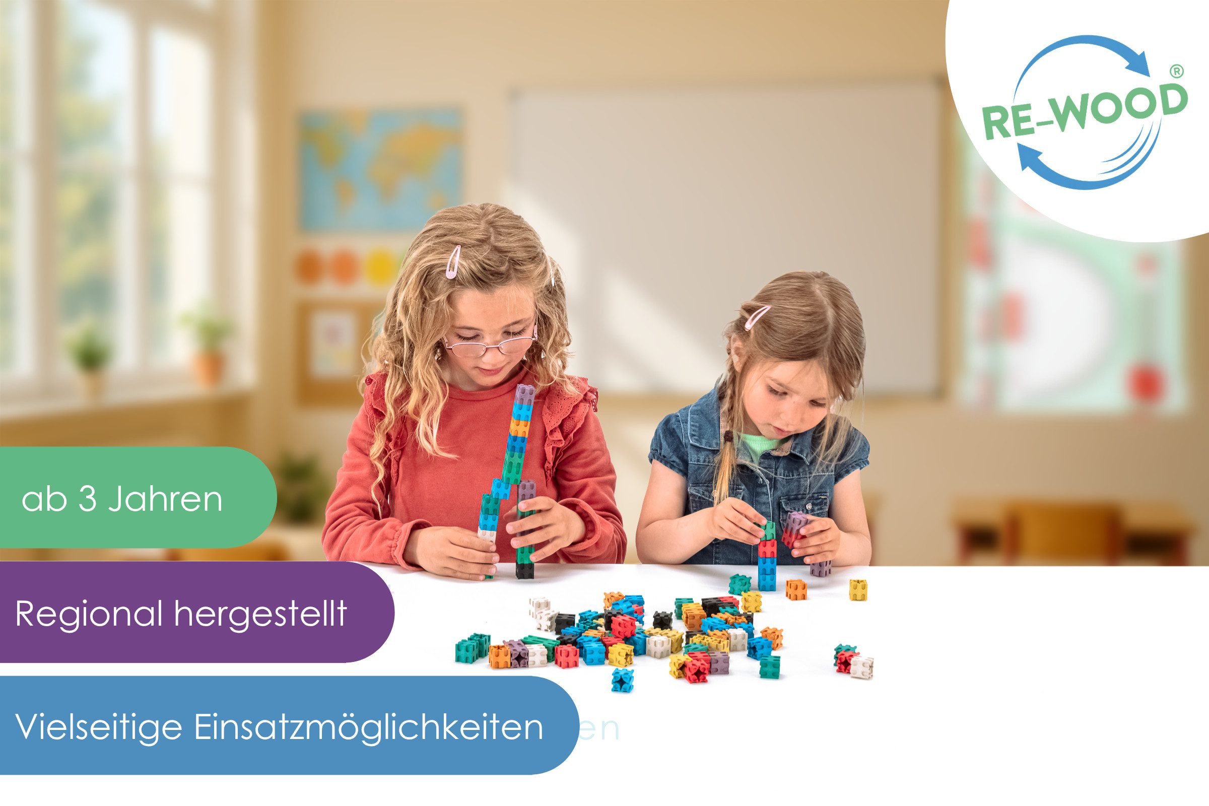 Wissner® aktiv lernen Lernspielzeug Steckwürfel in 10 Farben (100 Stück), RE-Wood® (100-St), RE-Wood®