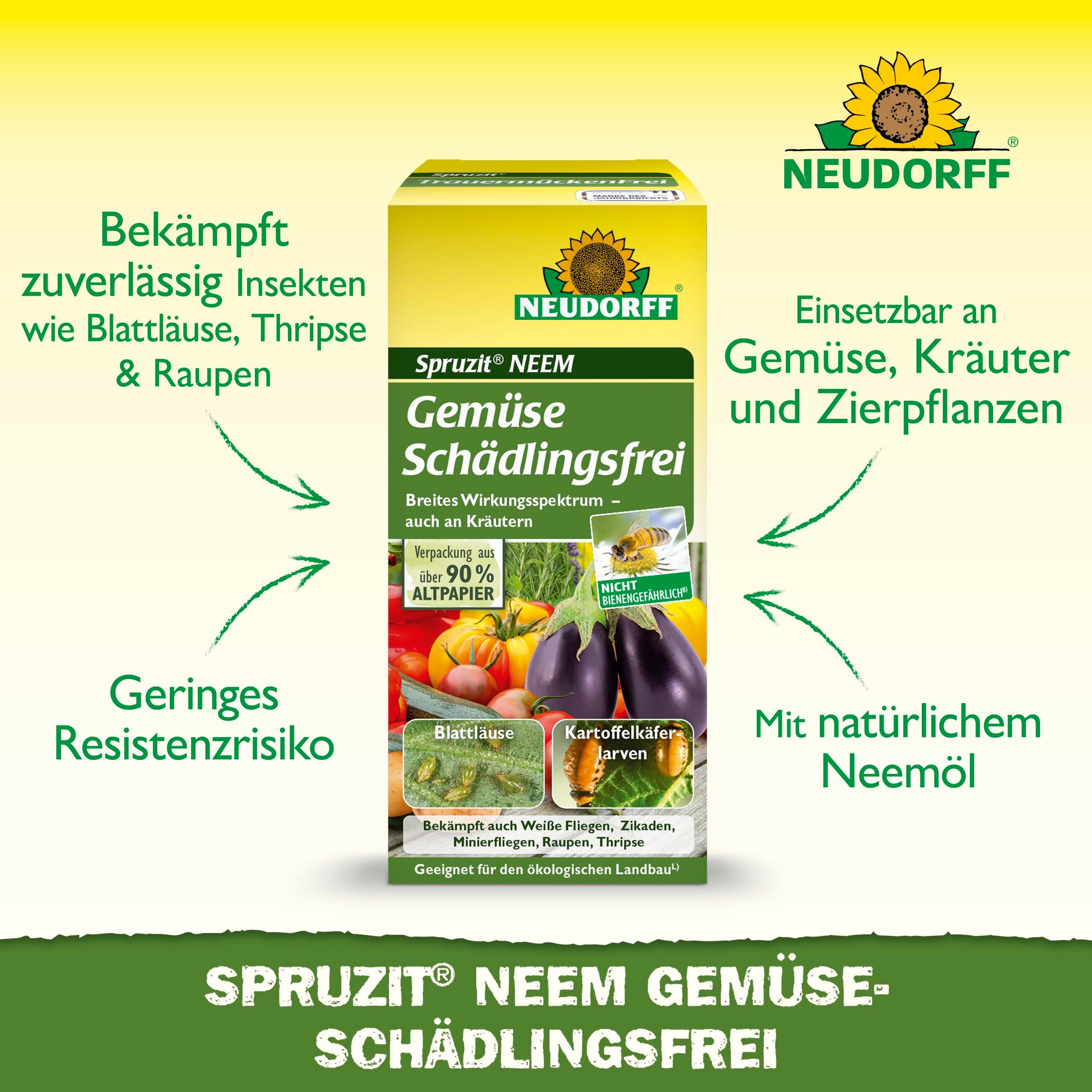 Neudorff Insektenspray Spruzit NEEM GemüseSchädlingsfrei 30 ml für 120 m², 30 ml, Konzentrat zur Bekämpfung von Schädlingen wie Blattläuse, Trauermücken und Raupen, an Gemüse und Kräutern, geringes Resistenzrisiko