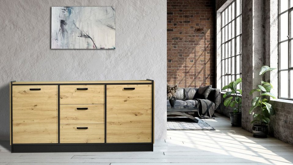 Küchen-Preisbombe Kommode Karia 180 cm Anbauwand Schrankwand Esszimmer  Sideboard Artisan Schwarz, Stellmaß ca. B/H/T: 180/90/43 cm