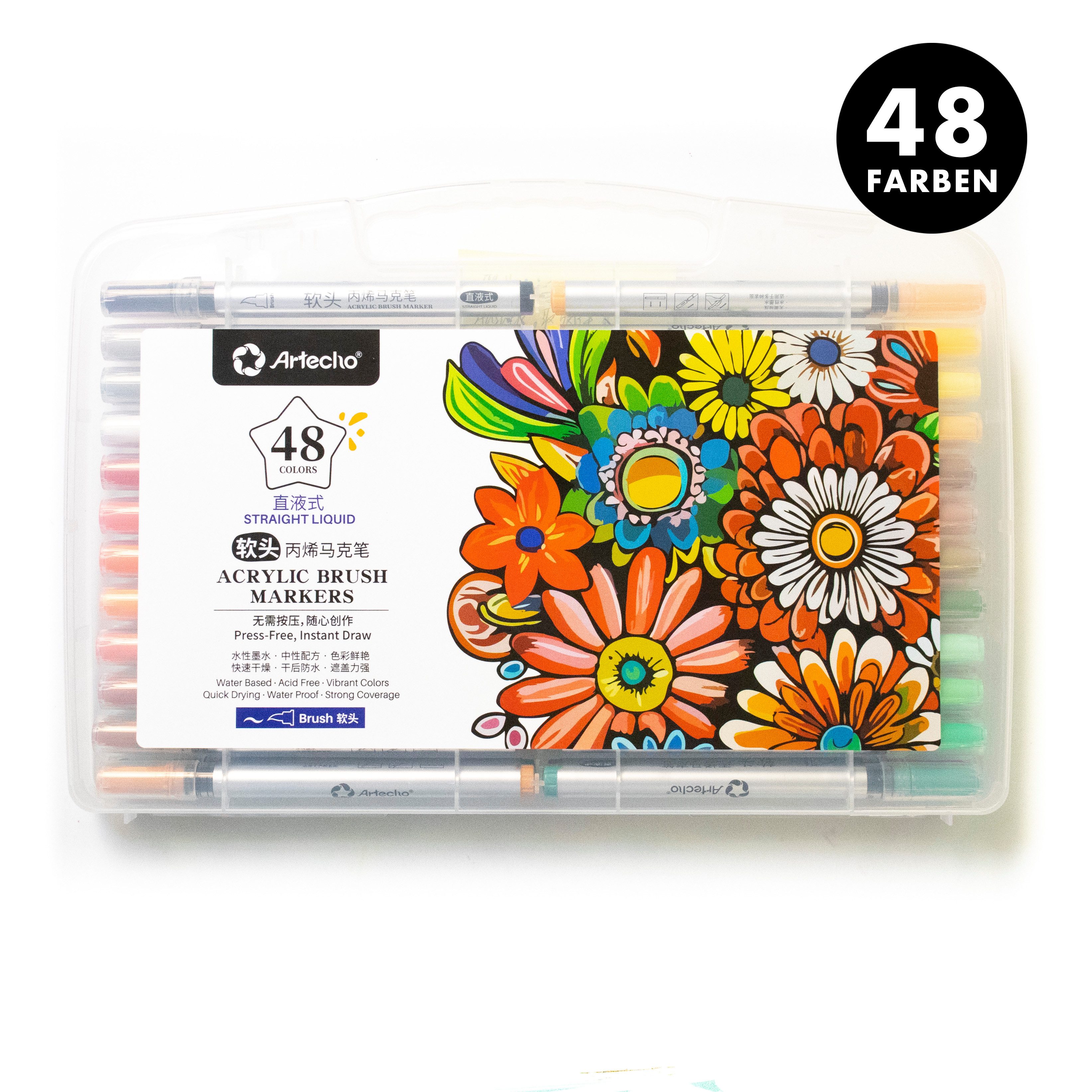 Artecho Marker Acrylstifte Set – 24 / 48 Farben, Direktflüssig & Wasserfest, (Acrylmarker), Acrylmalstifte für Stein, Holz, Leinwand, Glas, DIY & Kunstprojekte