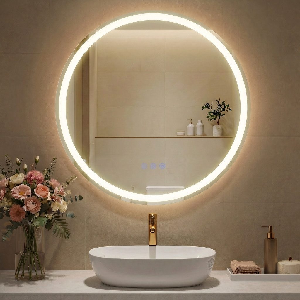SONGMICS Wandspiegel Runder/Rechteckig Badspiegel, Anti-Beschlag, LED-Licht, dimmbar, 3Modi, Wählbar im Durchmesser 51 cm oder 61 cm