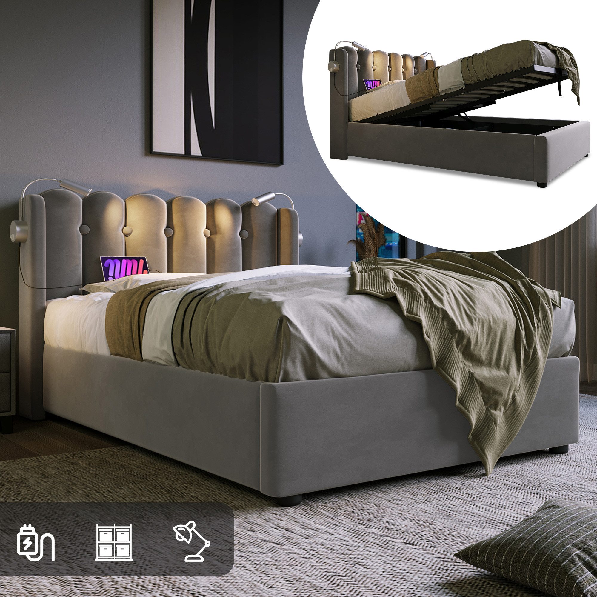 MODFU Polsterbett mit Leselampe USB Ladefunktion (95x206x103cm,Ohne Matratze, Massivholzlatten & Metallrahmen), mit Stauraum Gasdruckfeder
