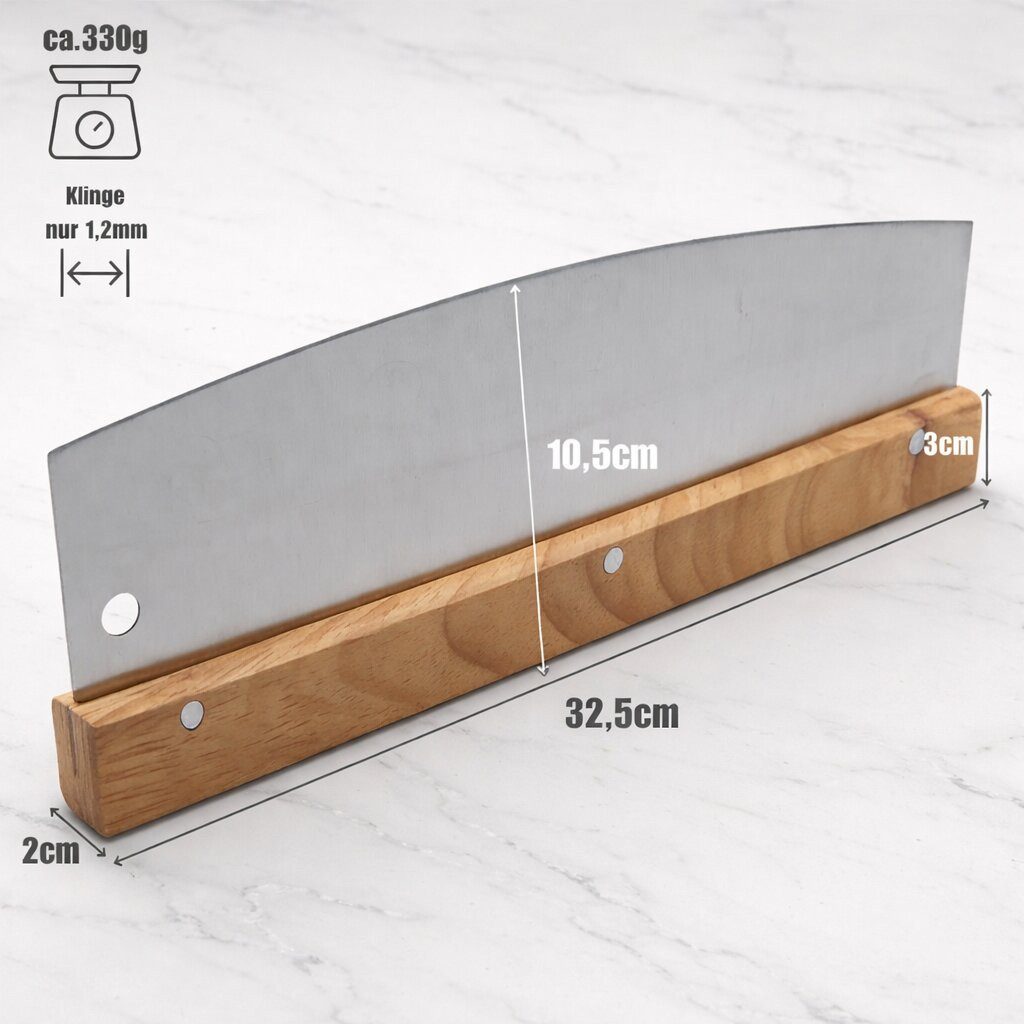 BigDean Wiegemesser Pizzaschneider 32 cm aus Edelstahl mit Holzgriff – Profi Pizzamesser, Rostfreier Edelstahl, 32cm schnittlänge, einfache 2hand bedienung – Bild 3 von 5