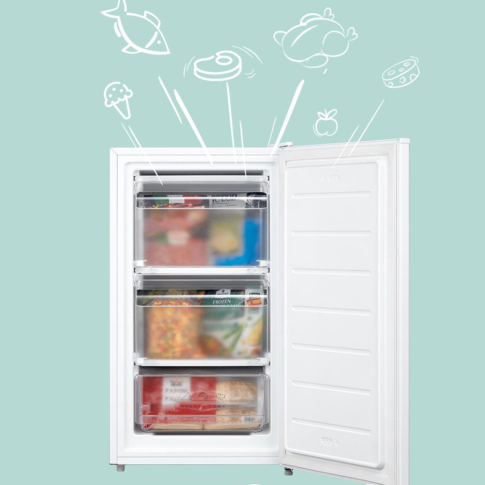 Comfee Gefrierschrank RCU160WH2(E) – 160 Liter, 142 Cm Hoch, 183 KWh/Jahr, Wechselbarer Türanschlag, GMCC-Kompressor, Weiße Standfüße Verstellbar