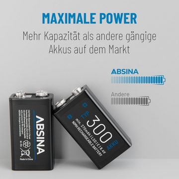 ABSINA 1x 9V Akku Block wiederaufladbar 300 mit geringer Selbstentladung Akku