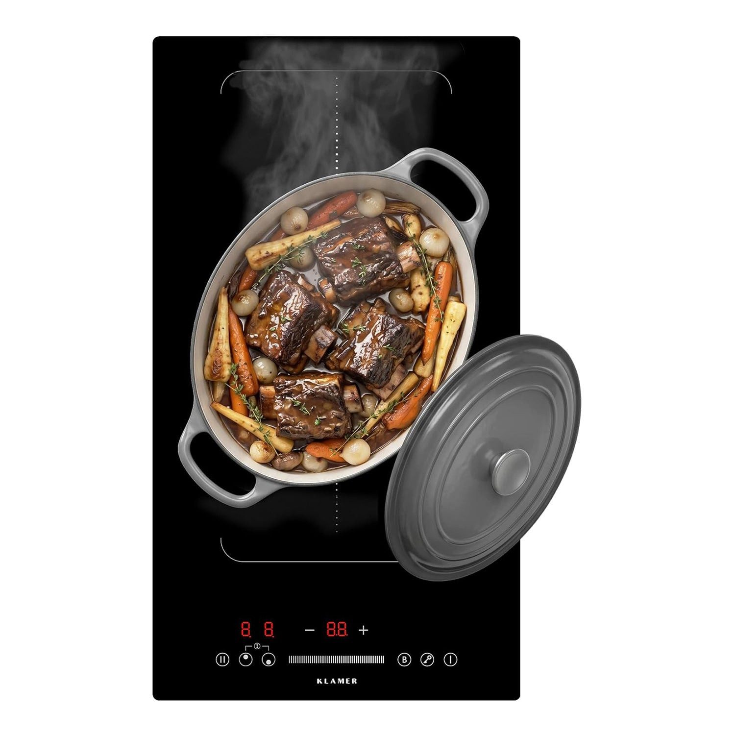 KLAMER Flex-Induktions-Kochfeld 30 cm, 2 Zonen mit 1 Flexzone, 3500 Watt, Boost Funktion, 9 Leistungsstufen, Timer 99 min, Kindersicherung, Kratzfeste Glasoberfläche, Flexzone-Funktion, Sicherheitsfeatures, Leistungsstarke Technologie