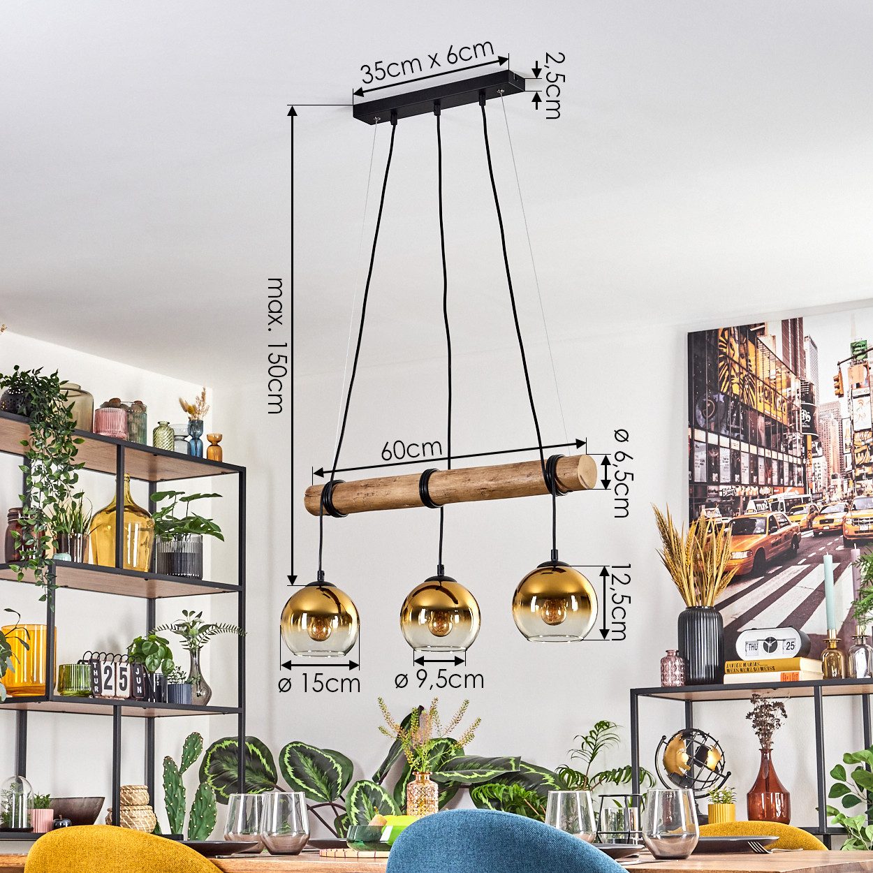 hofstein Pendelleuchte Hängelampe aus Metall/Holz/Glas in Schwarz/Natur-/Goldfarben/Klar, ohne Leuchtmittel, Hängeleuchte im Boho-Design mit Glasschirmen und Holzbalken, 3 x E27