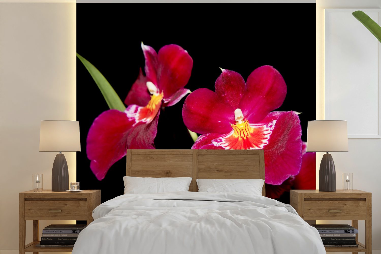 MuchoWow Fototapete Rote Orchideen vor schwarzem Hintergrund, Matt, bedruckt, (5 St), Vinyl Tapete für Wohnzimmer oder Schlafzimmer, Wandtapete