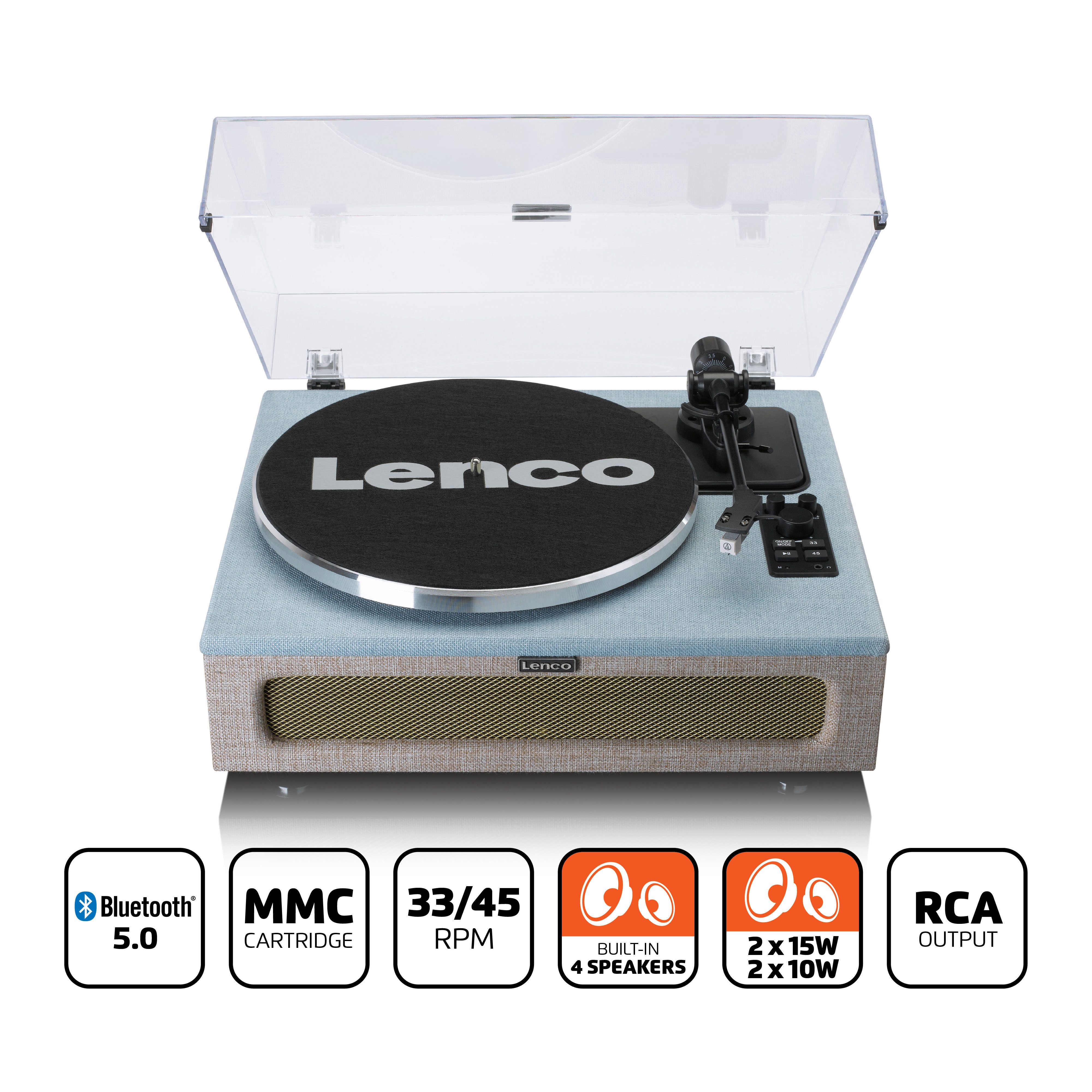 Lenco LS-440BUBG Plattenspieler (Riemenantrieb, Bluetooth, Retro Design, HiFi Sound, Bluetooth 5.0, Plug&Play, 40W-RMS,33&45U/min)