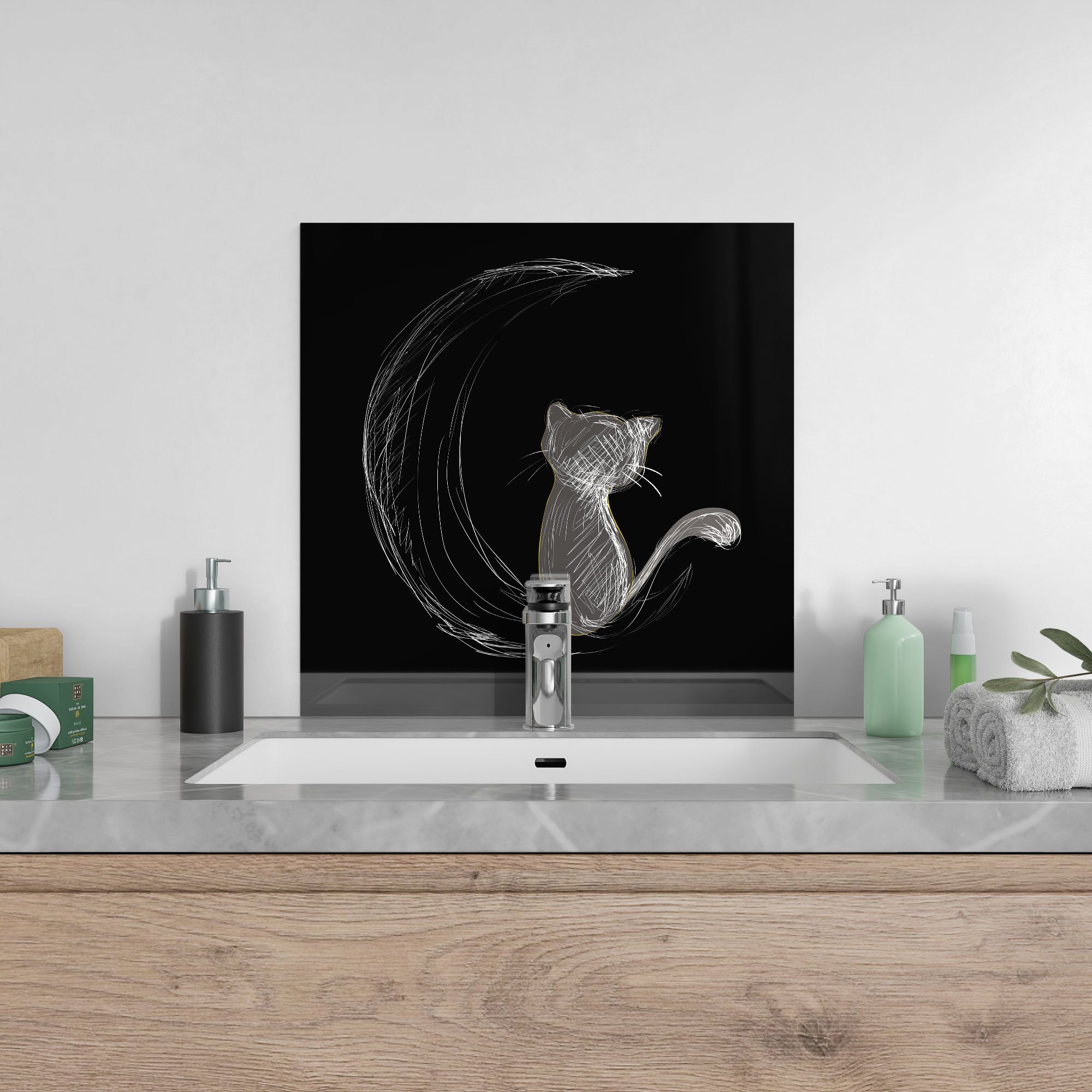 Glas Badrückwand 'Die Herdblende der und Katze Küchenrückwand Mond', DEQORI Spritzschutz