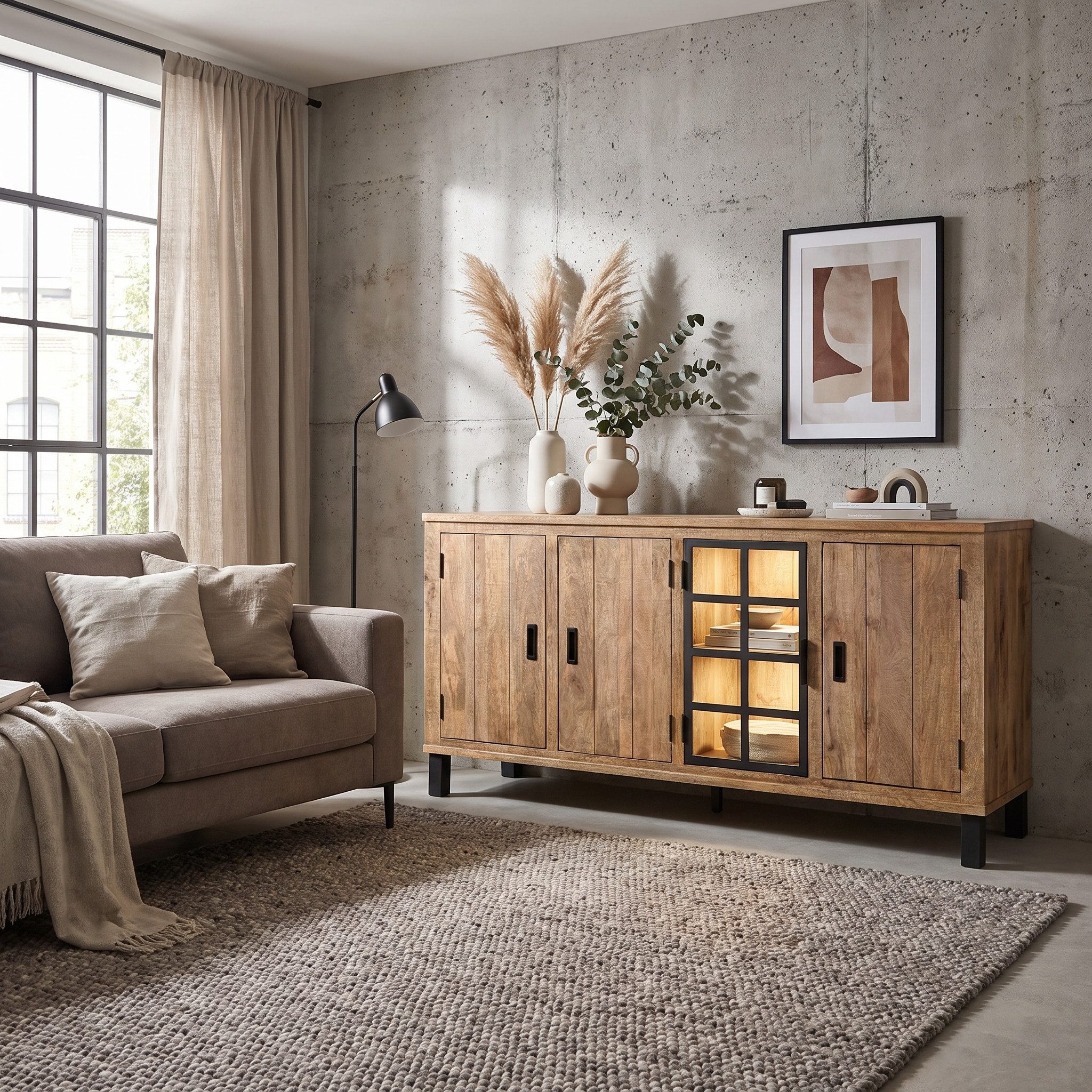 WOLF MÖBEL Sideboard (175 x 40 x 90), KALI Kommode mit 3 Holz-/ 1 Glastür und Licht