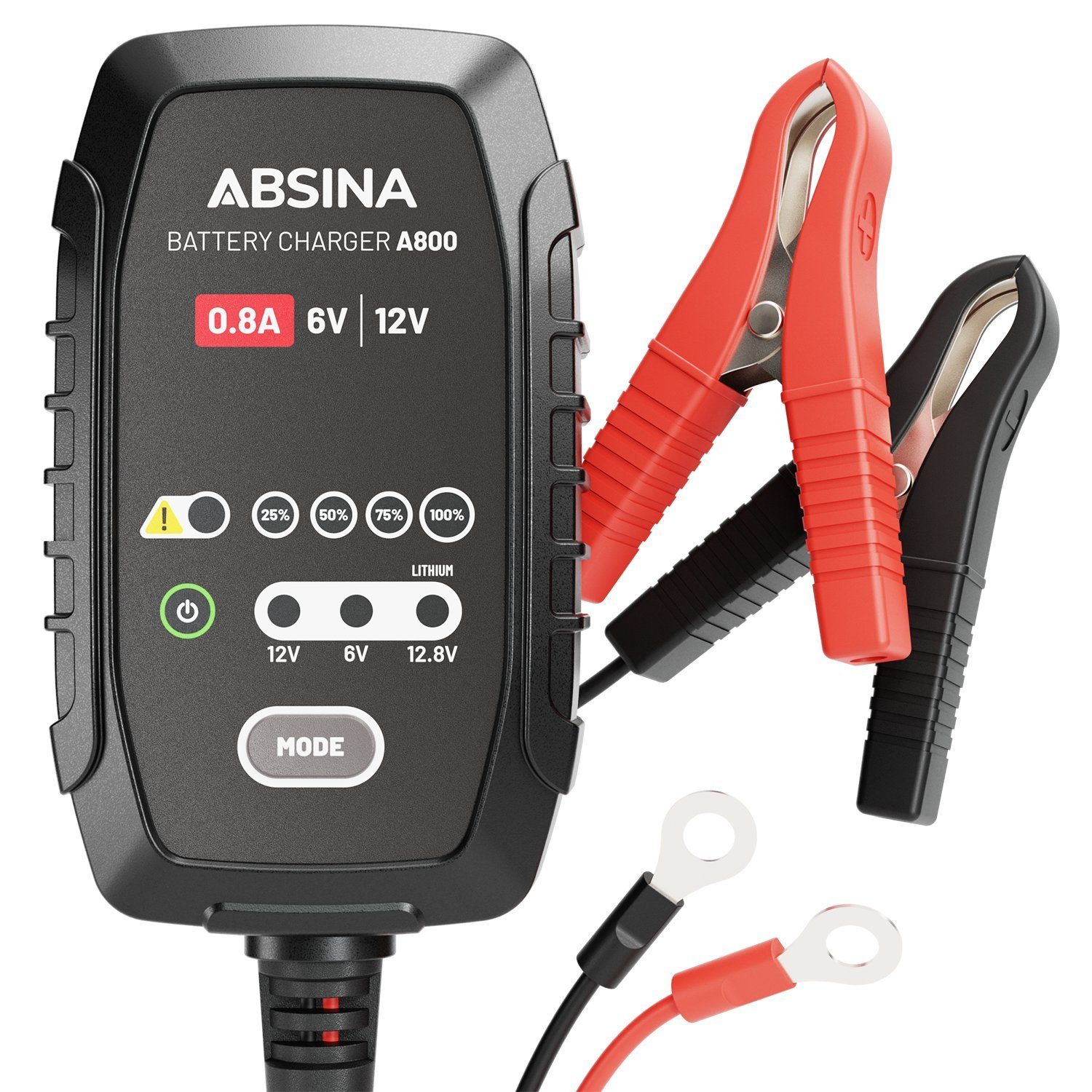 ABSINA Ladegerät für Motorradbatterie - Erhaltungsladegerät vollautomatisch  für 6V & 12V Blei Batterie bis 26Ah / 12,8V Lithium bis 15Ah - Roller &  Motorrad Ladegerät mit 3,4m Kabel & 800mA Bleiakku-Ladegerät (1-tlg)
