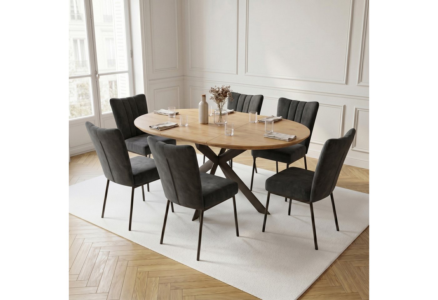 Jiexi Essgruppe Esstisch ausziehbar rund bis oval MDF-Platte mit Samtstühlen