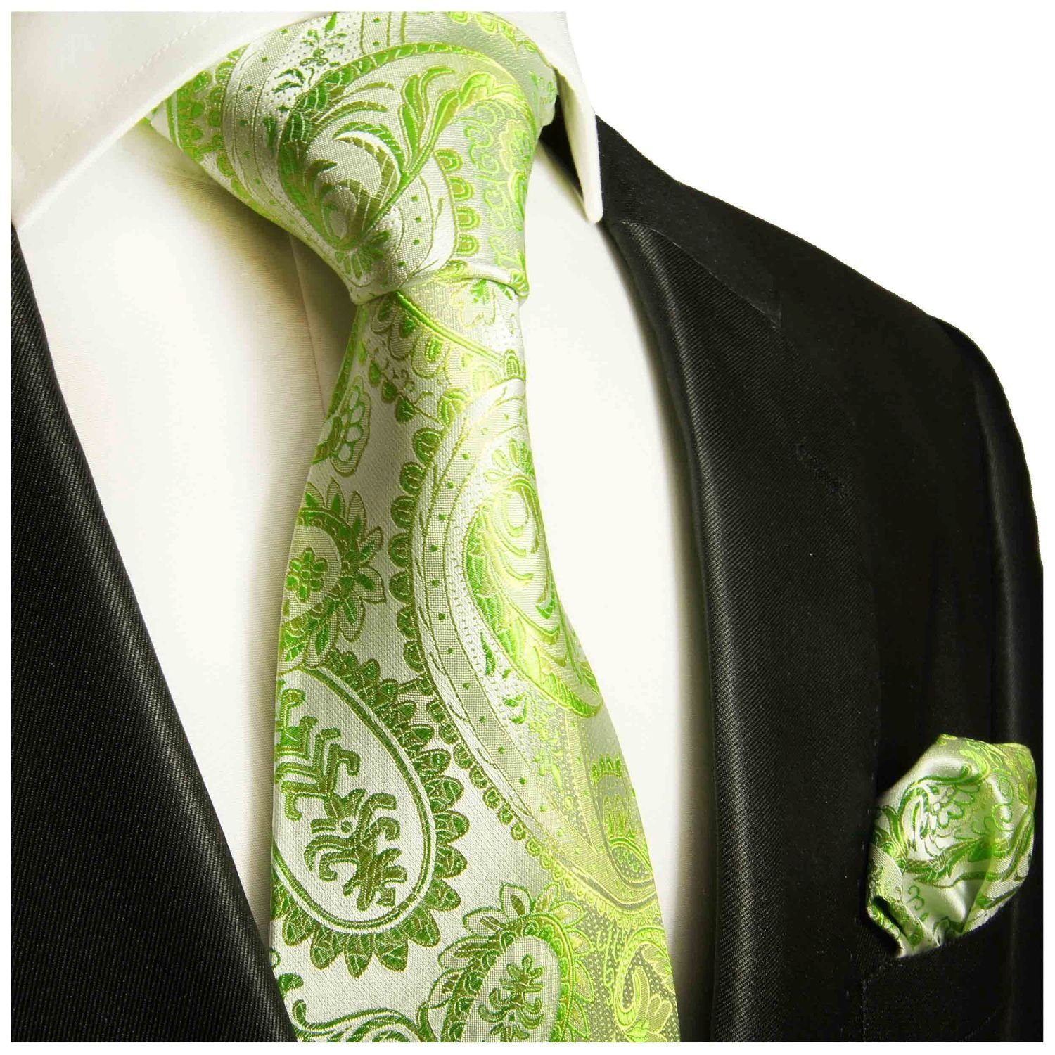 Paul Malone Krawatte Seidenkrawatte und (Set, Breit mit Tuch Krawatte (8cm), 100% paisley Herren Seide Schlips Einstecktuch) 2-St., 805 grün