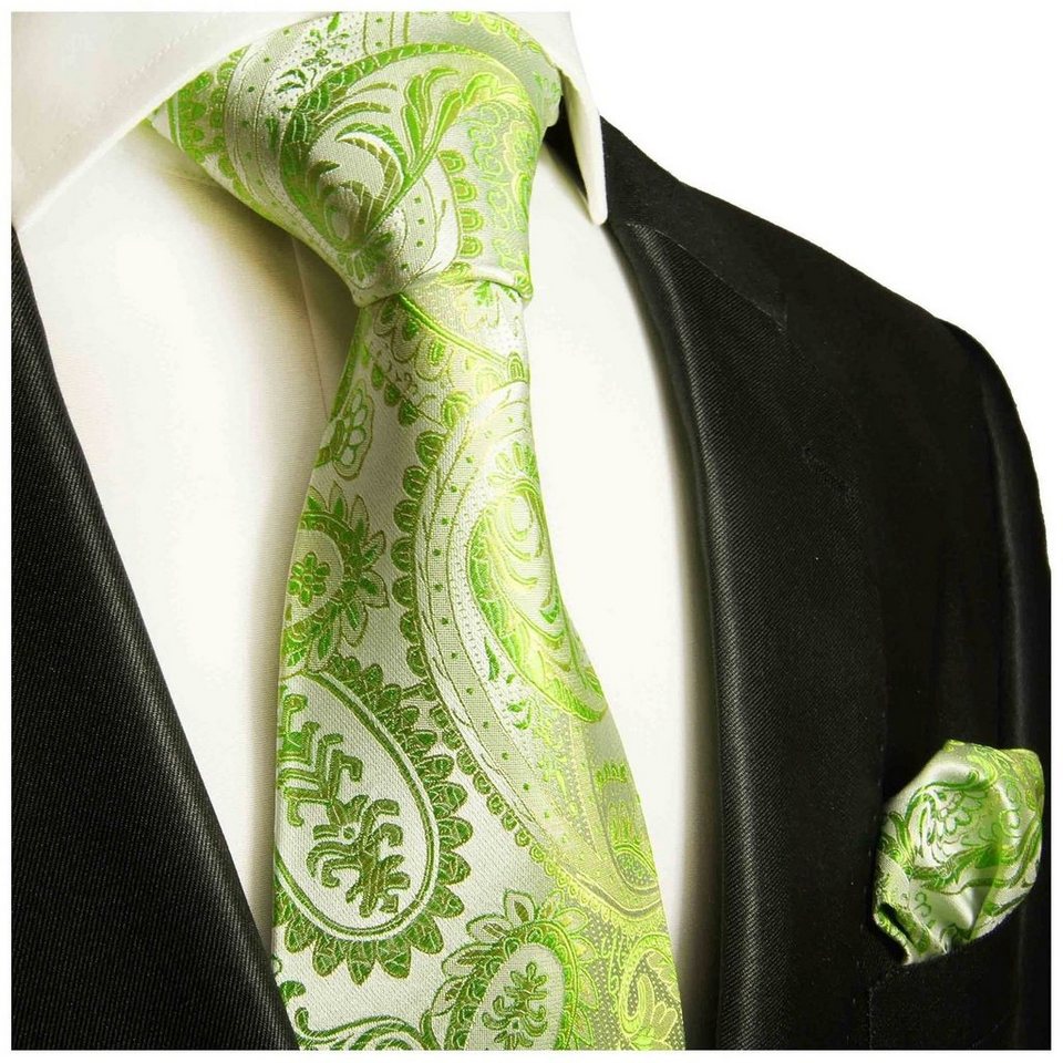 Paul Malone Krawatte Seidenkrawatte und Tuch Herren Schlips paisley 100%  Seide (Set, 2-St., Krawatte mit Einstecktuch) Schmal (6cm), grün 805