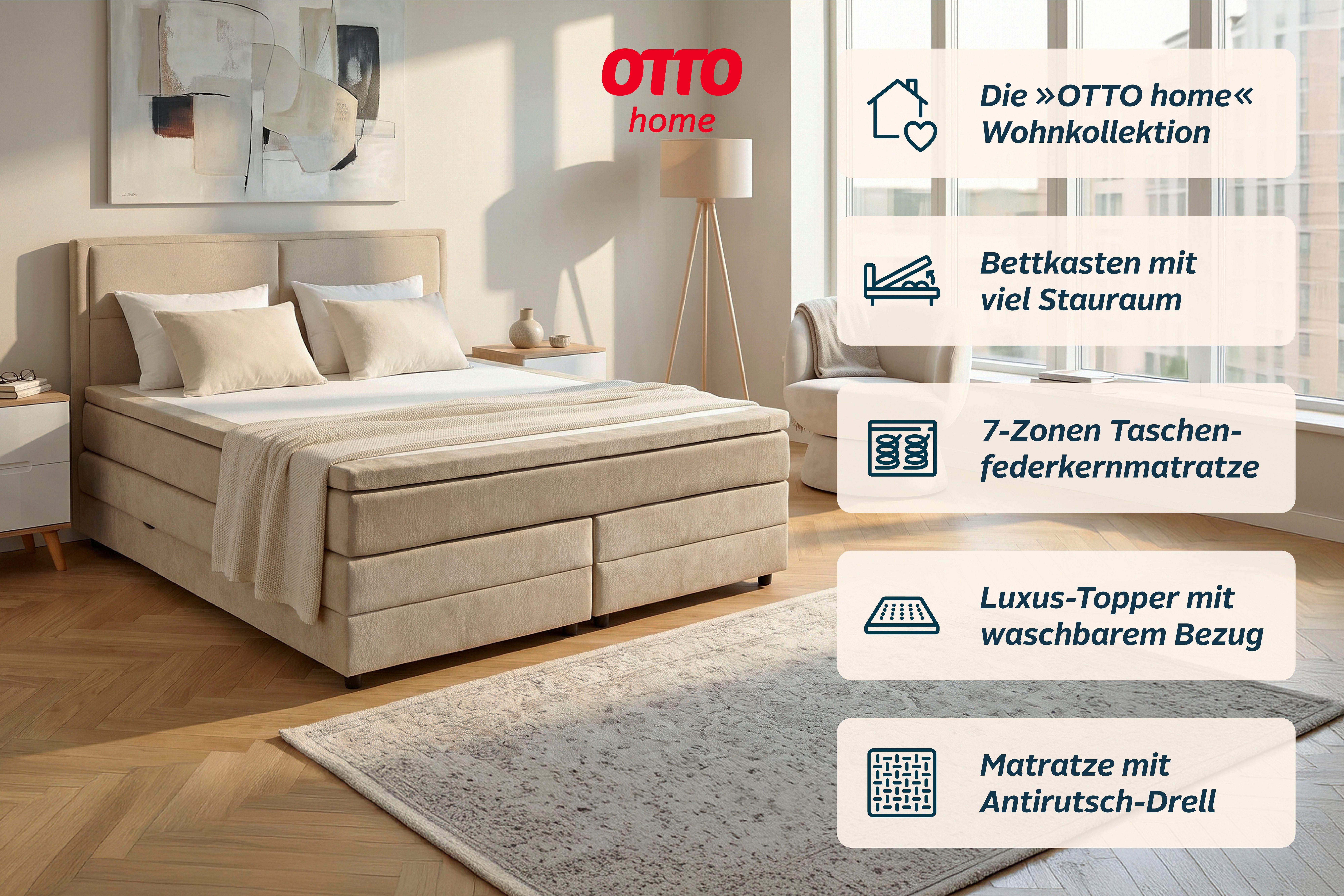 OTTO home Boxspringbett FYNNA Polsterbett mit Bettkasten & 7-Zonen-Taschenfederkernmatratze H3, mit 7 cm Komfortschaum-Topper, Chenille-Bezug, Liegefläche 180x2 – Bild 3 von 5