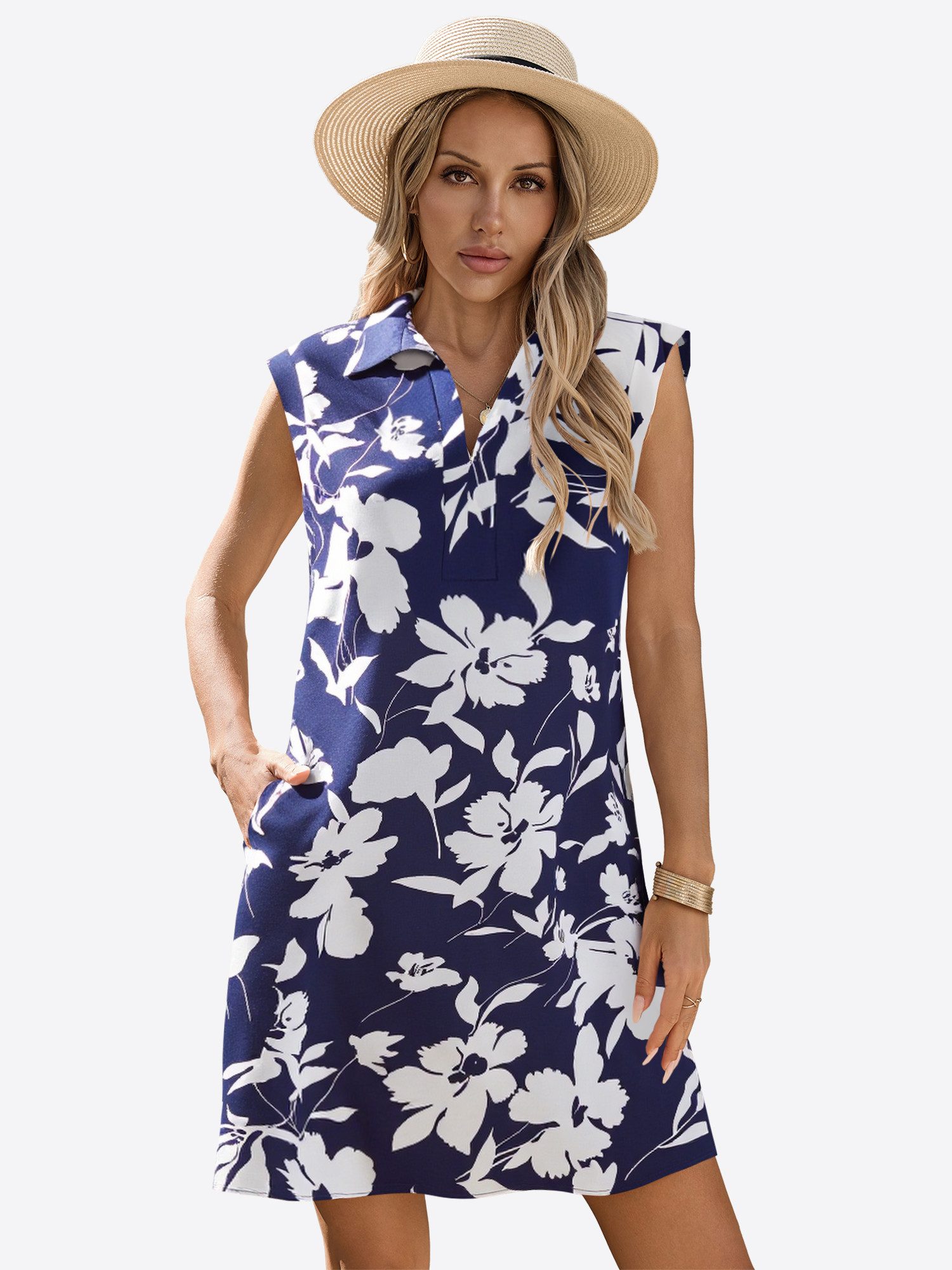 Imily Bela Druckkleid Damen ärmellos Blumenmuster mit V-Ausschnitt und Seitentaschen (Packung, 1-tlg., 1per-Pack) Print
