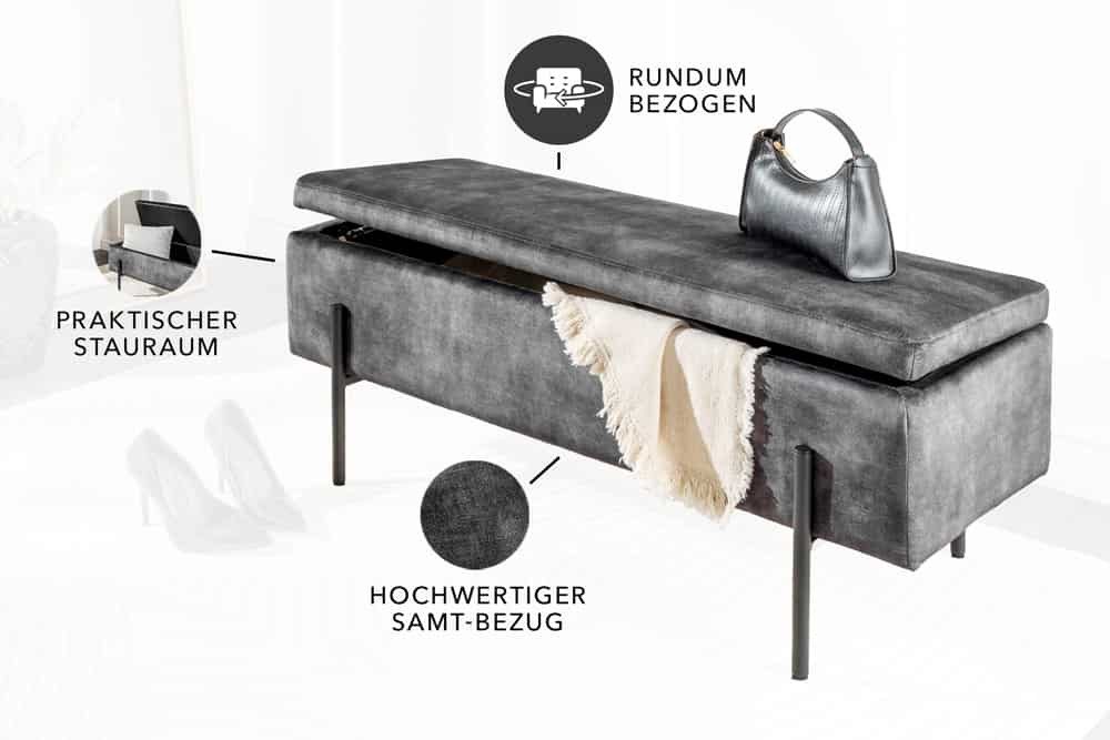 riess-ambiente Sitzbank LOFT 100cm grau/schwarz - Samt, Metallgestell, mit Stauraum (Einzelartikel, 1-St), Truhe mit Polsterung – ideal für Flur, Ankleide oder Schlafzimmer