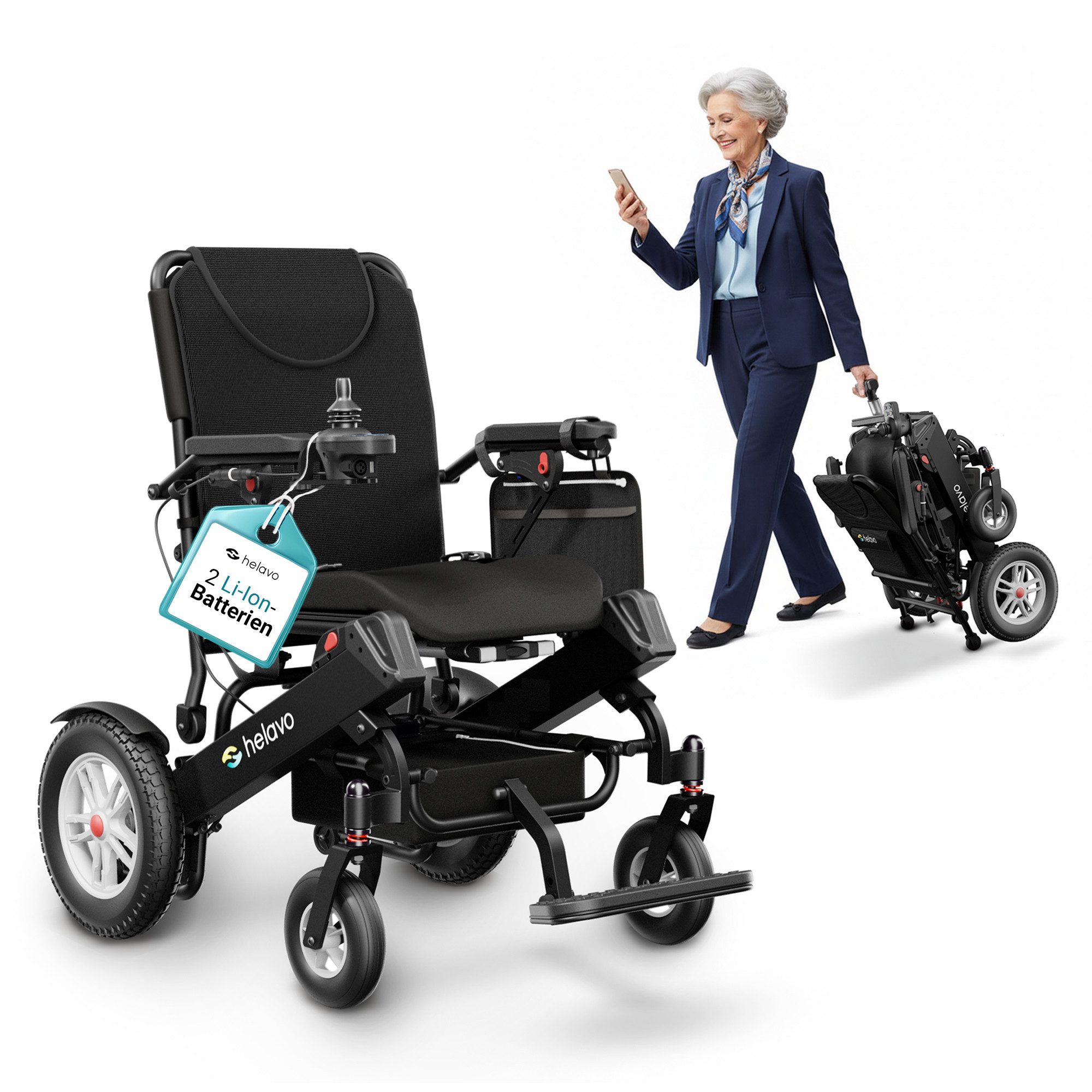 Helavo Elektrorollstuhl H2010, faltbar, bis 130 kg, bis 30 km Reichweite, 12 Zoll, 2 Akkus
