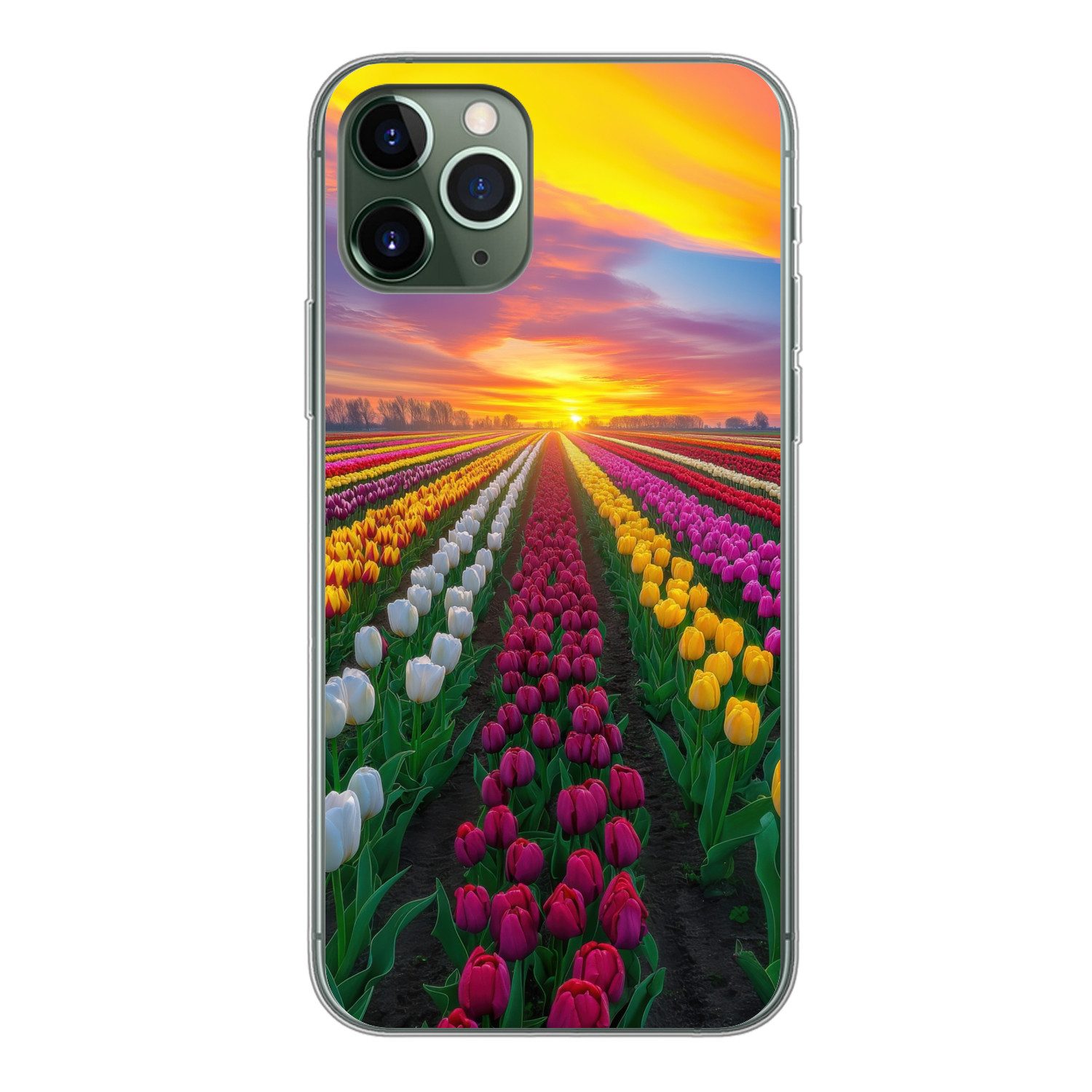 MuchoWow Handyhülle für Apple iPhone 11 Pro Tulpenfeld - Sonnenuntergang - Farbenfroh, Smartphone-Bumper, Print, Handy Schutzhülle Dünn