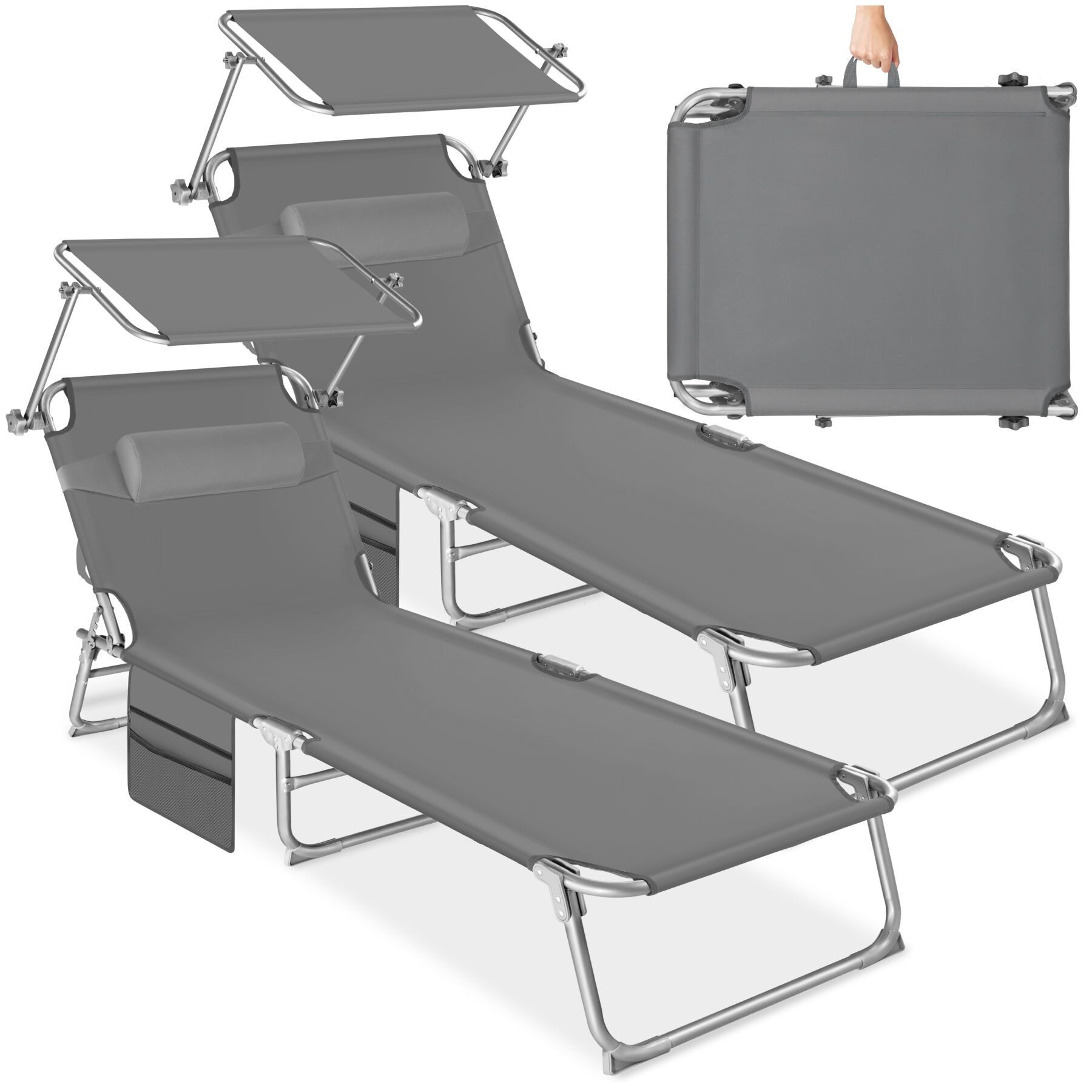 tectake Gartenliege Klappbare Relaxliege mit Sonnendach, Kopfpolster und Seitentasche, Sonnenliege 2er Set Chloé, 2 St., in Grau, 4-fach verstellbare Rückenlehne, UV-beständig, Inkl. Kopfpolster