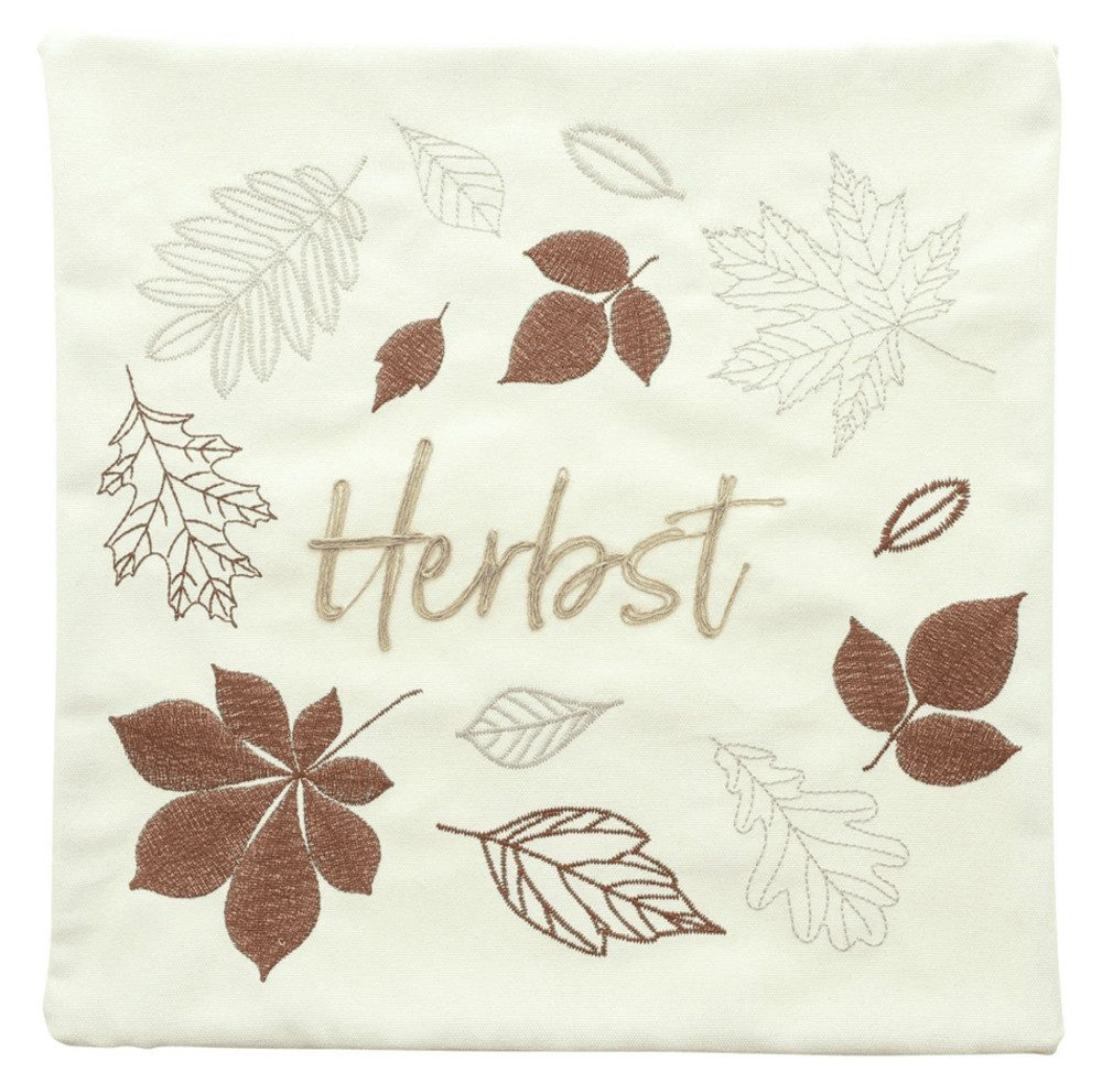 Home-trends24.de Kissenhülle Kissenbezug Herbst Blätter Schriftzug creme bestickt 45 x 45 cm