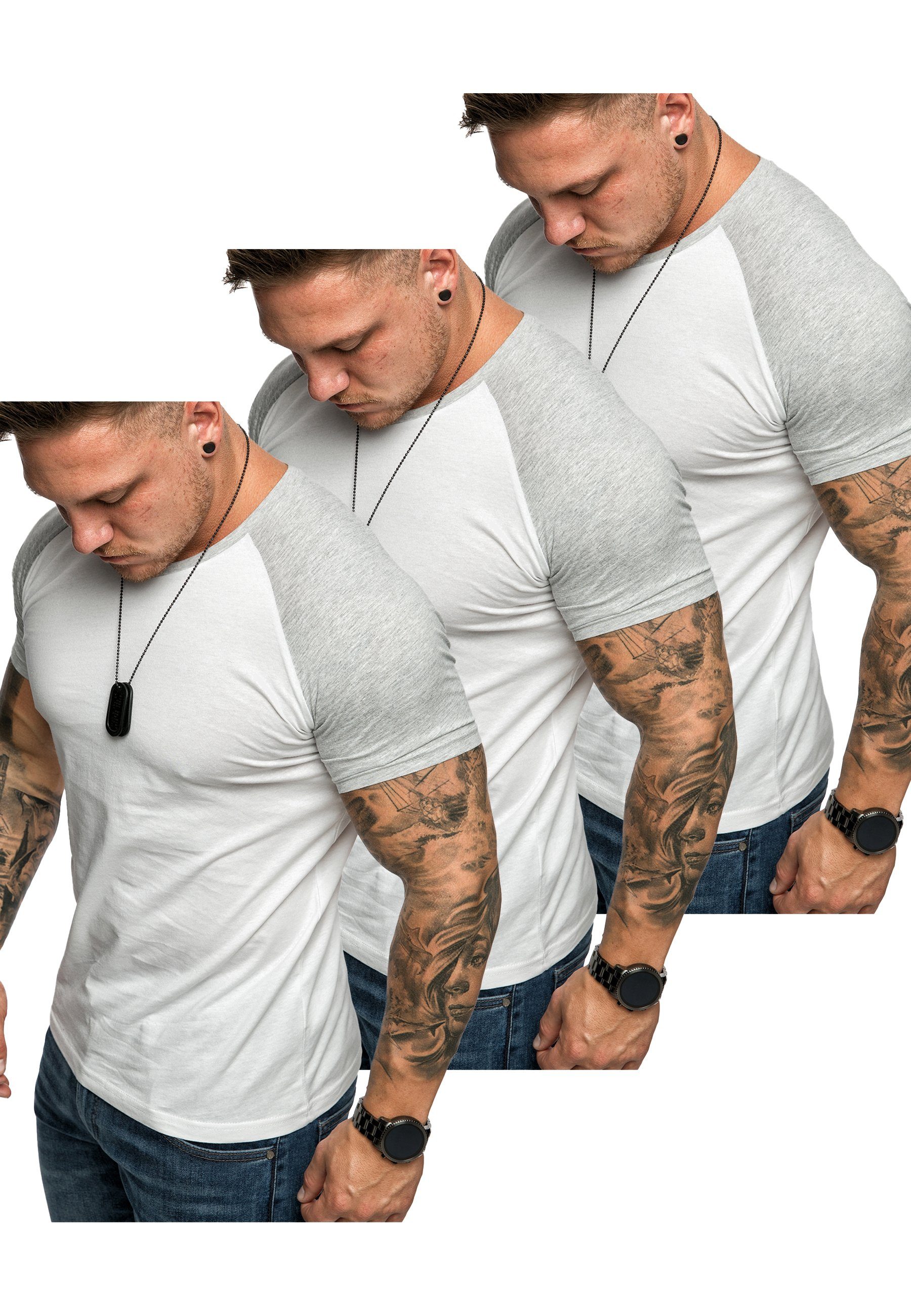 Herren Basic T-Shirts Amaci&Sons 3er-Pack T-Shirt Weiß/Grau) Oversize T-Shirt (3er-Pack) SALEM 3. (3x Kontrast Raglan