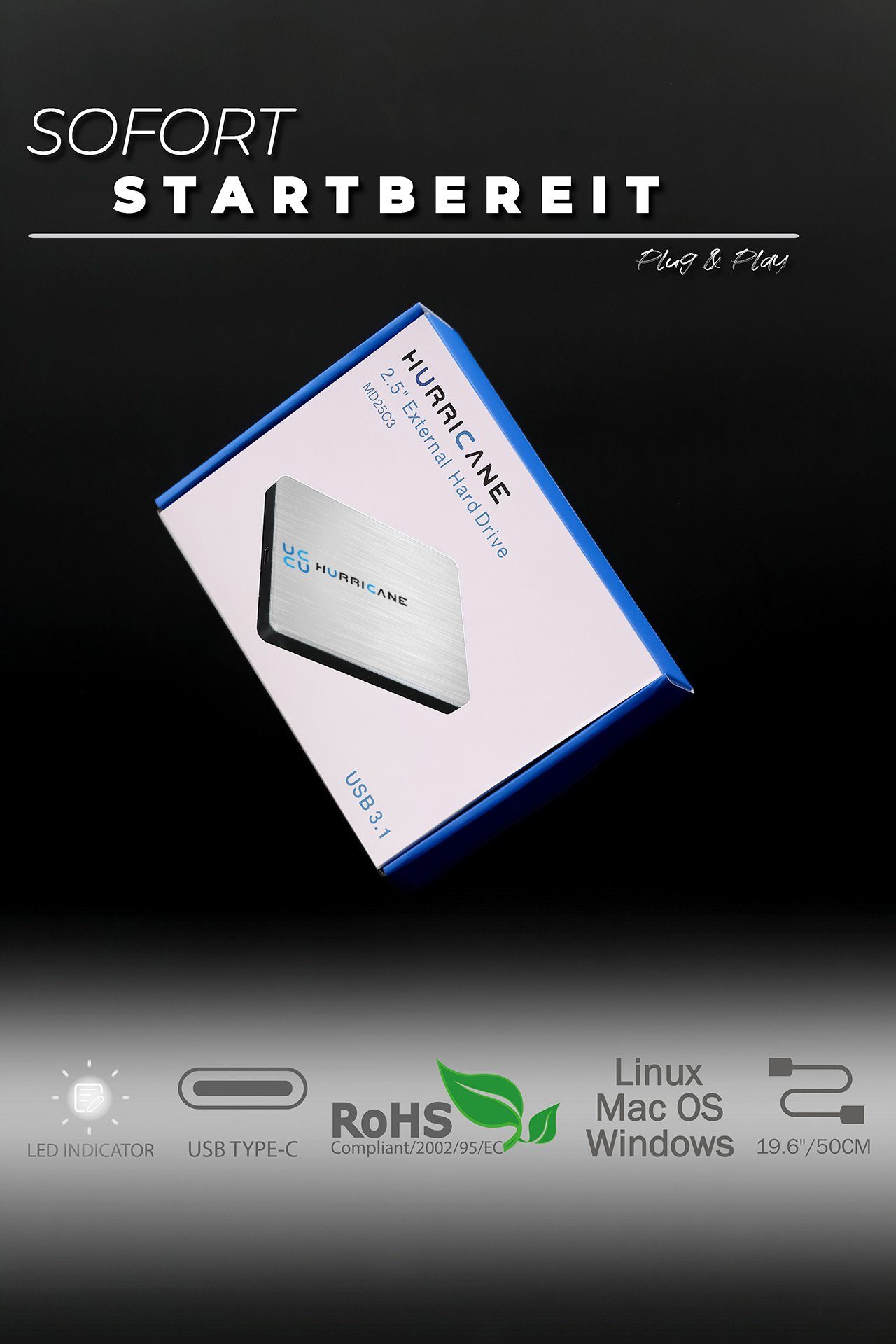 smart Externe HDD-Festplatte mit C Festplatte 1TB PS4 (1TB) Laptop kompatibel externe MD25C3 Linux Mac 2,5" für und 2,5", TV USB Tragbare PS5 Xbox, HURRICANE Windows